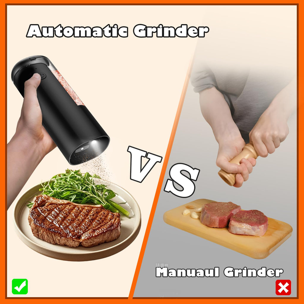Rechargeable Salt and Pepper Grinder Set - Automatic Electric Salt and Pepper Mill with Type-C Charging Cable, White Light, Adjustable Coarseness, One Hand Operation, Black, 2 Pack