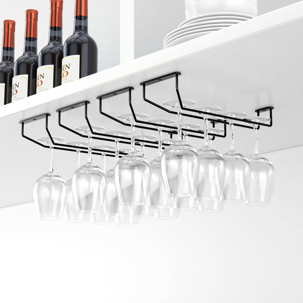 FOMANSH 14-Inch Under Cabinet Wine Glass Rack - Metal Stemware Holder, Single Rail Hanging Rack for Kitchen Bar - Set of 4