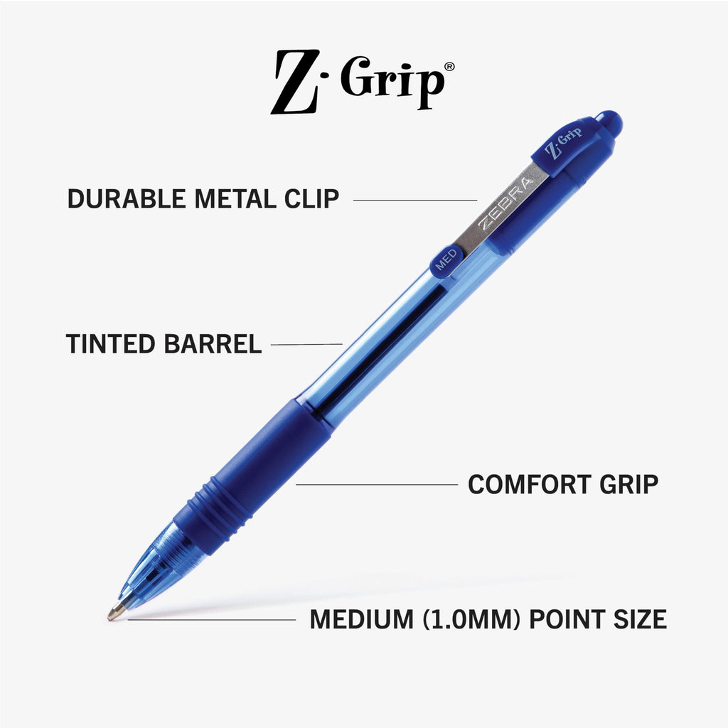 Zebra Pen Z-Grip Retractable Ballpoint Pen, Smooth-Flowing Blue Ink, 1.0mm Medium Point, School & Office Supplies, Ideal for Note-Taking, Journal and Planner Use, 24-Pack (12225)