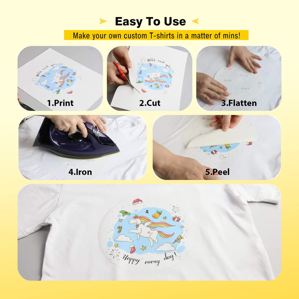 A-SUB Iron-On Heat Transfer Paper for White and Light Fabric 8.5x11 inches T Shirt Transfer Paper for Inkjet Printer Wash Durable, Long Lasting Transfer, No Cracking 20 Sheets