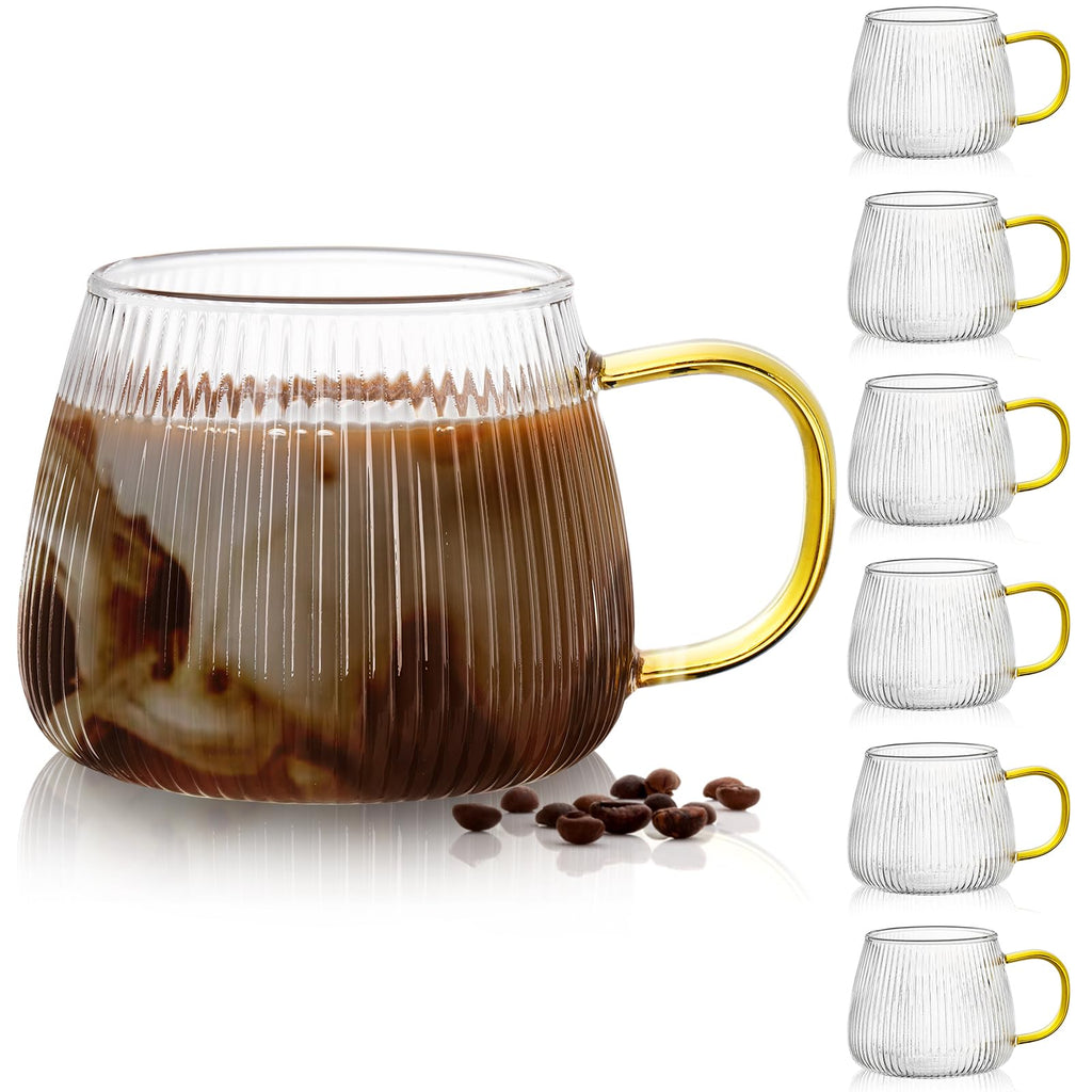 AVLA 6 Pack Glass Coffee Mugs, 16 OZ Unique Vertical Stripes Coffee Cup, Clear Large Tea Glasses with Handles, Vintage Transparent Glassware for Hot/Cold Beverages, Cappuccino, Latte, Espresso, Juice