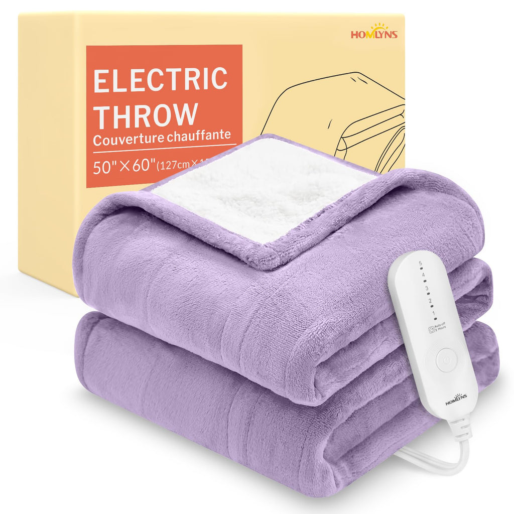 HOMLYNS LuxeHeat Heated Blanket Electric Blanket, Soft Flannel Sherpa Heated Throw, Heating Blanket with 5 Heat Settings, 3 hrs Timer Auto Shut Off (50x60 inches, Purple)