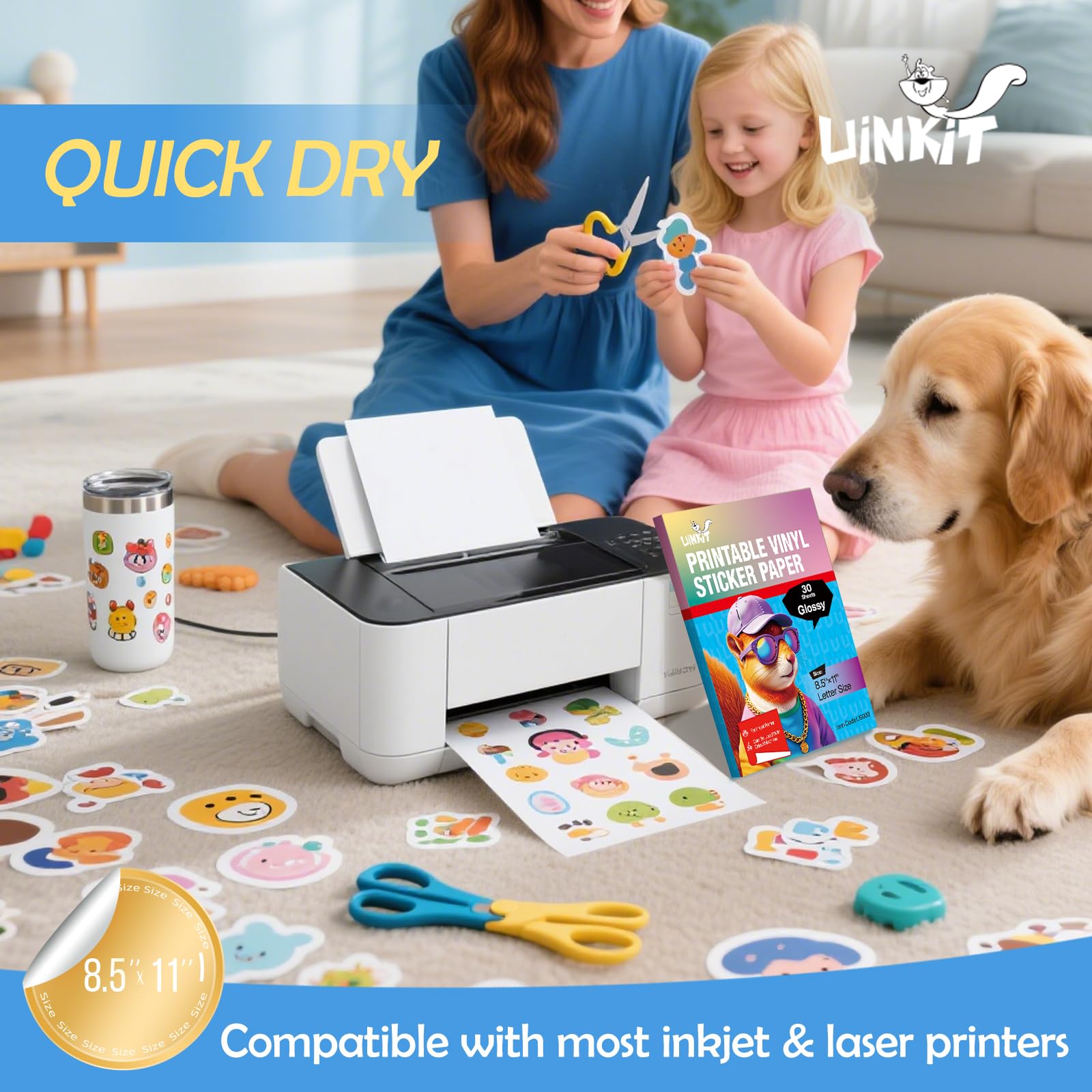 Premium Glossy Printable Vinyl Sticker Paper 8.5x11Inches 100 Sheets, Quickly-Dries, Strong-Adhesive Sheets for Pet Photos & Kids Crafts, Tear-Resistant Decals Letter Size 8.5"x11" for Inkjet Printers