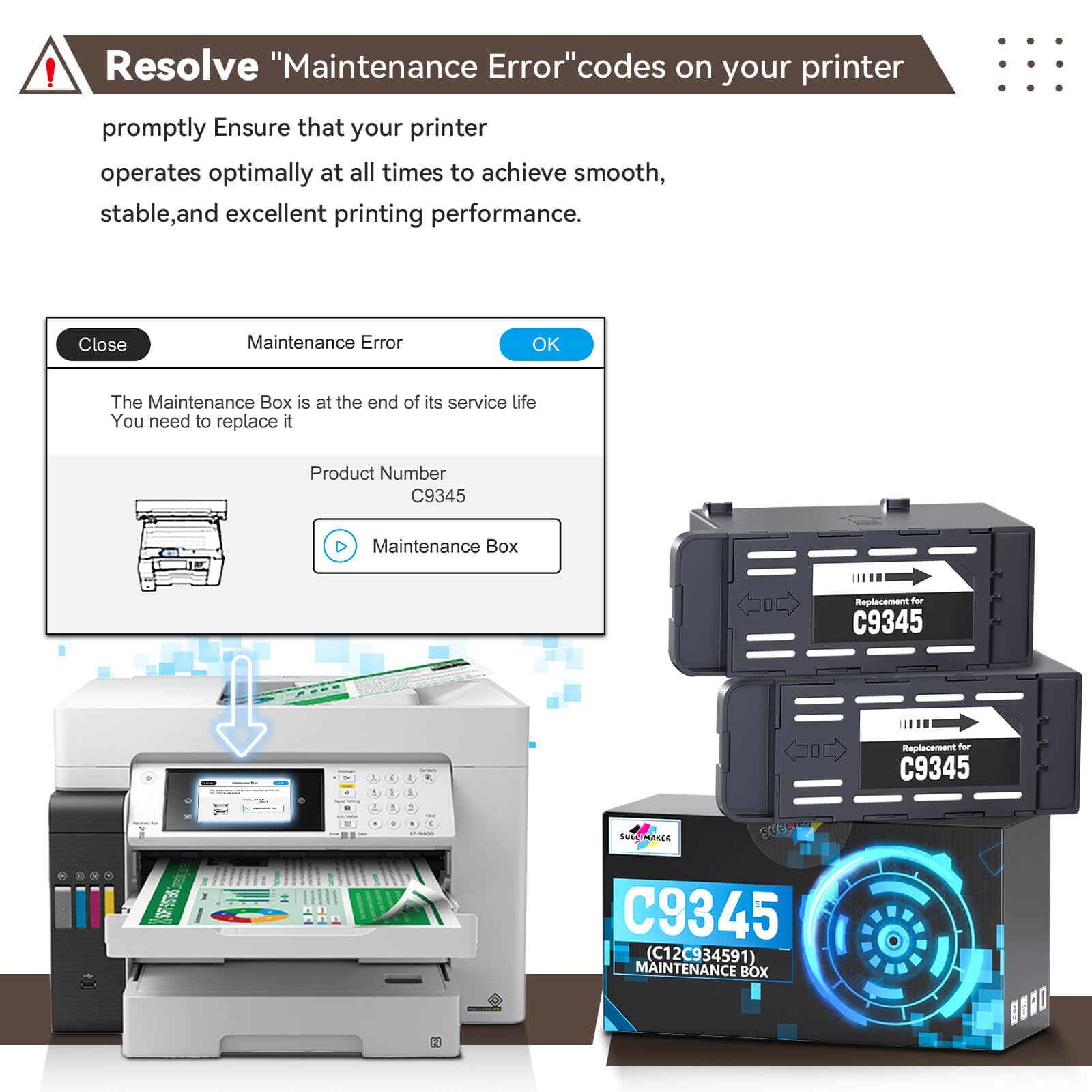 C9345 Ink Maintenance Box Replacement for Epson ET-8550 ET-8500 ET-5850 ET-5800 ET-16600 ET-16650 ET-5880 WF-7840 WF-7310 WF-M4119 WF-M4619 WF-7820 Printer, for Ecotank C9345 Maintenance Box (2 Packs)