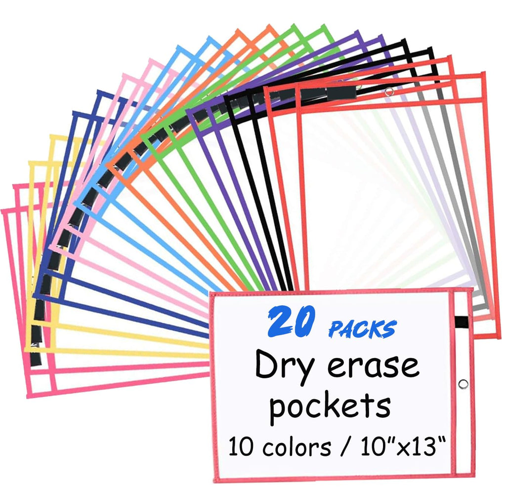 20 Pcs Reusable Dry Erase Pockets Sleeves, 13.6" X 10" Job Ticket Holders, Clear Dry Erase Sheet Protectors for Office School Classroom & More, 10 Colors