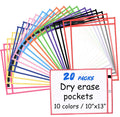 20 Pcs Reusable Dry Erase Pockets Sleeves, 13.6" X 10" Job Ticket Holders, Clear Dry Erase Sheet Protectors for Office School Classroom & More, 10 Colors