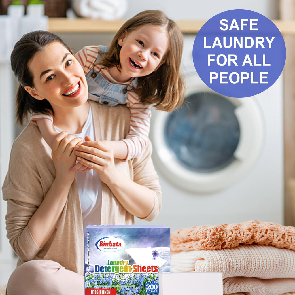 Binbata Laundry Detergent Strips 200 Loads, Hypoallergenic Eco-Friendly Fresh Linen Scent Laundry Detergent Sheets, Plastic Free Liquidless Laundry Sheets Detergent Suitable for Sensitive Skin