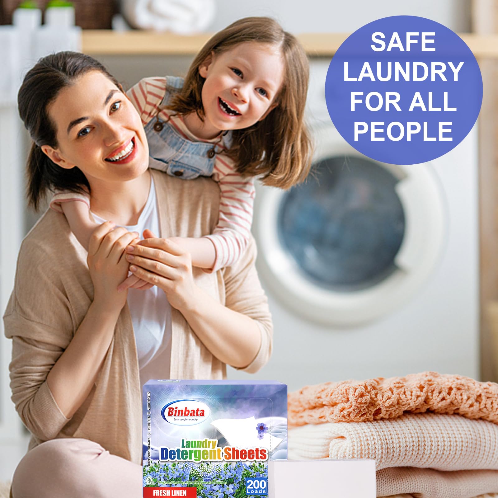 Binbata Laundry Detergent Strips 200 Loads, Hypoallergenic Eco-Friendly Fresh Linen Scent Laundry Detergent Sheets, Plastic Free Liquidless Laundry Sheets Detergent Suitable for Sensitive Skin