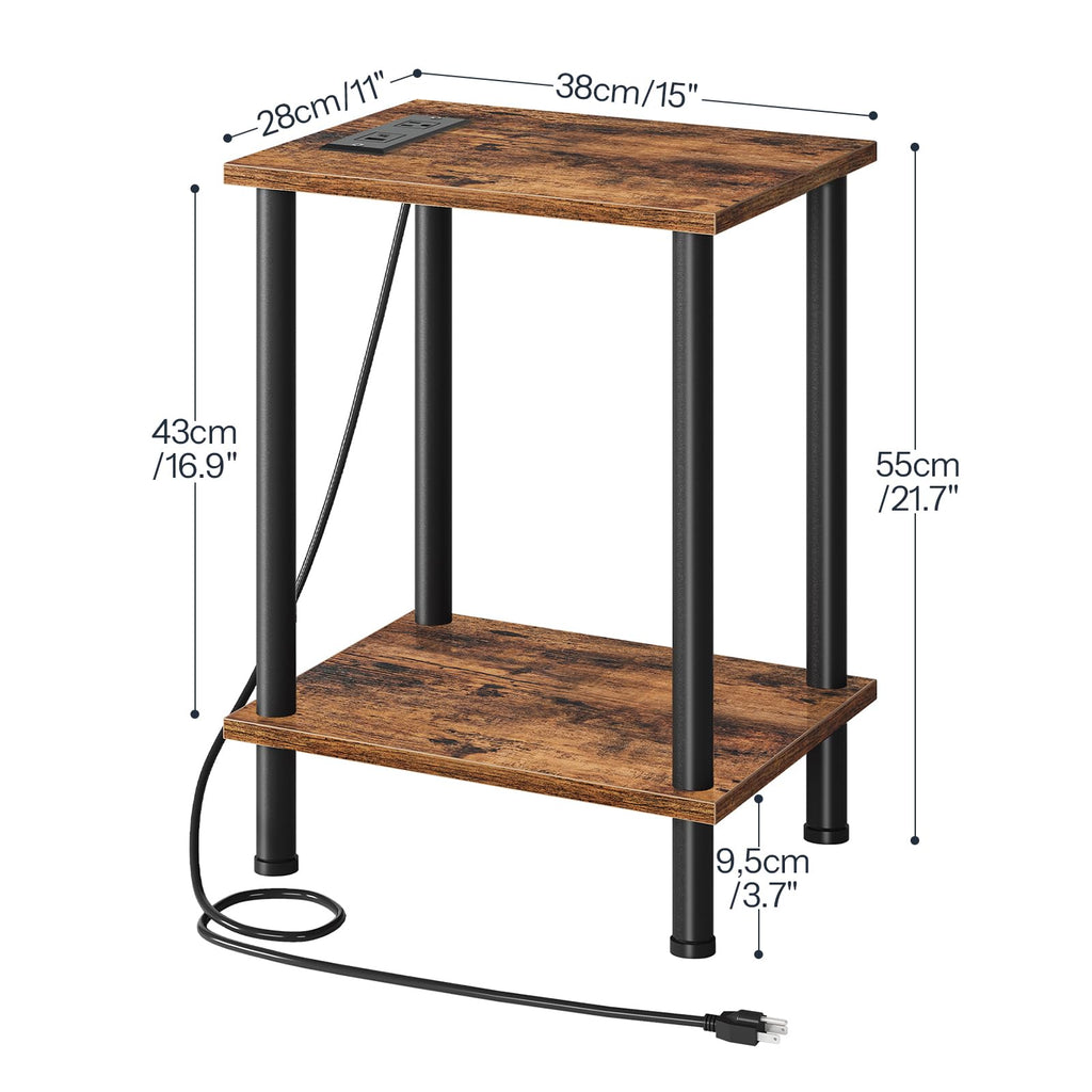 HOOBRO Side Table with Charging Station, End Table with USB Ports and Outlet, Nightstand with 2-Layer Storage Shelves for Small Spaces, Living Room, Bedroom, Stable Frame, Rustic Brown BF09UBZ01