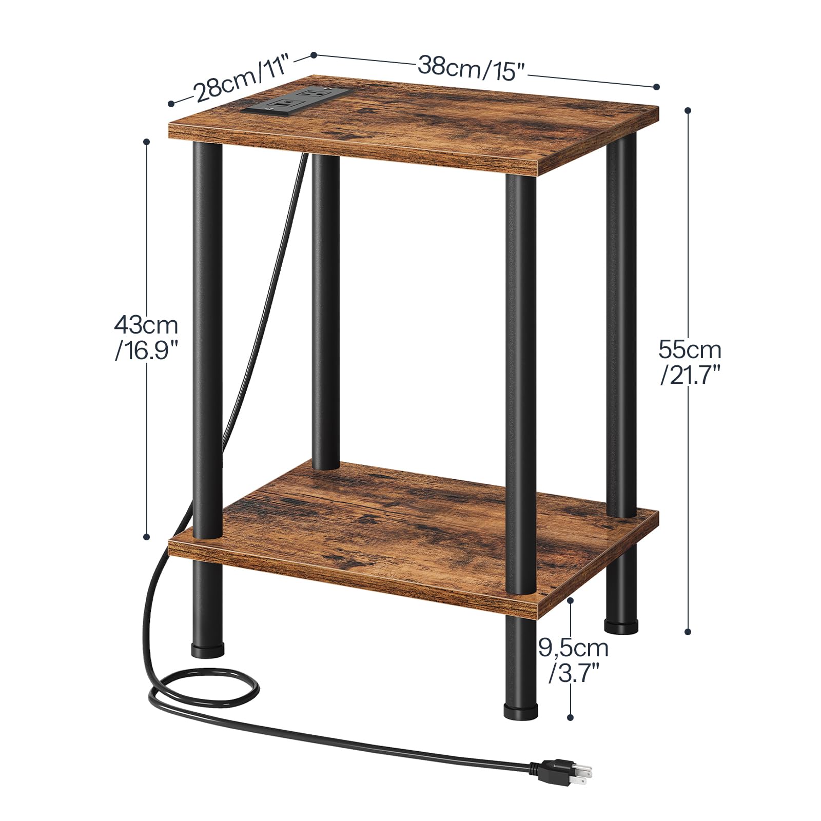 HOOBRO Side Table with Charging Station, End Table with USB Ports and Outlet, Nightstand with 2-Layer Storage Shelves for Small Spaces, Living Room, Bedroom, Stable Frame, Rustic Brown BF09UBZ01