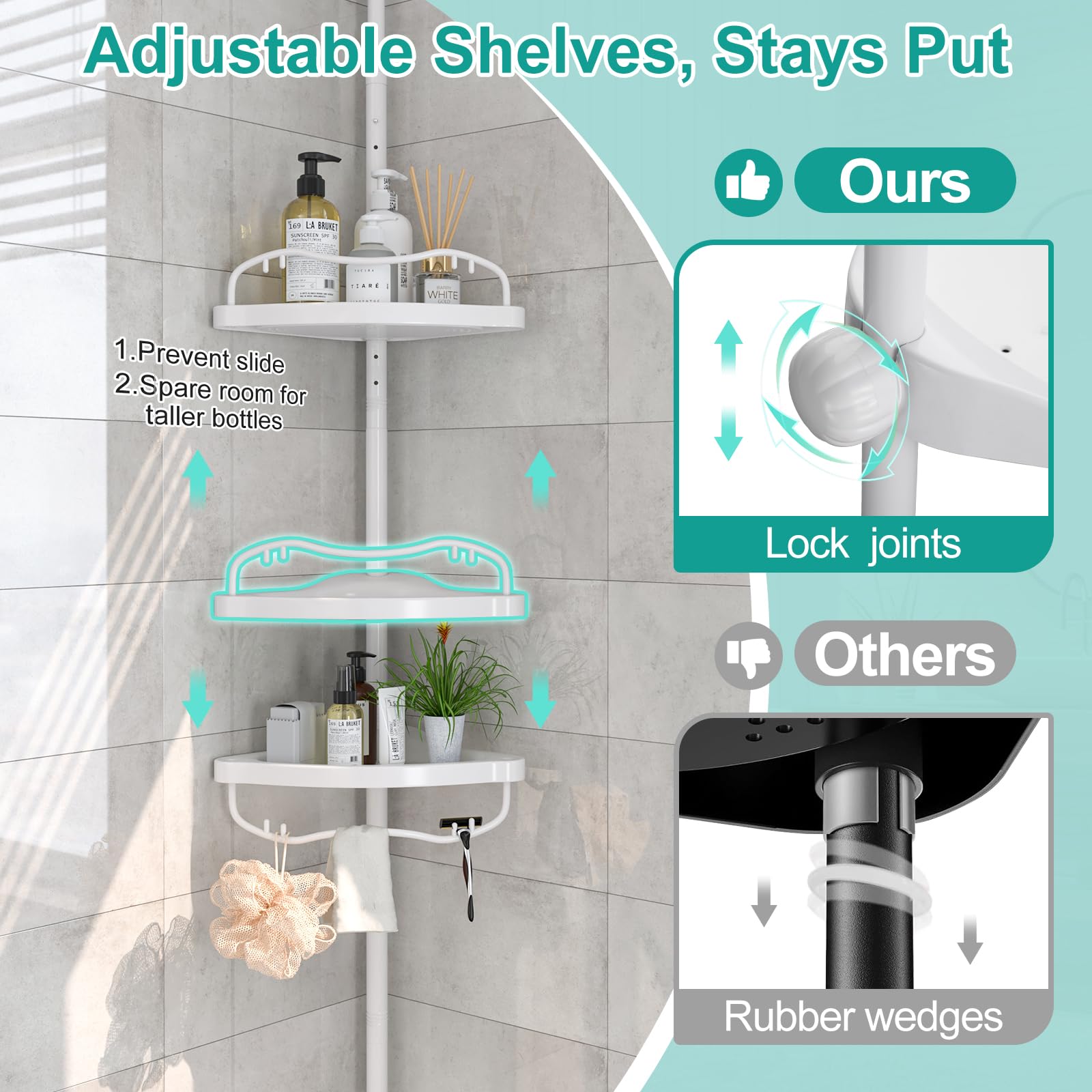 Shower Caddy Corner, 56 to 125 Inch Adjustable Tension Pole Corner Shower Caddy with ABS Baskets,Rustproof Stainless Pole, Drill Free Shower Rack, Large Shower Storage Shelf Rack for Inside Shower