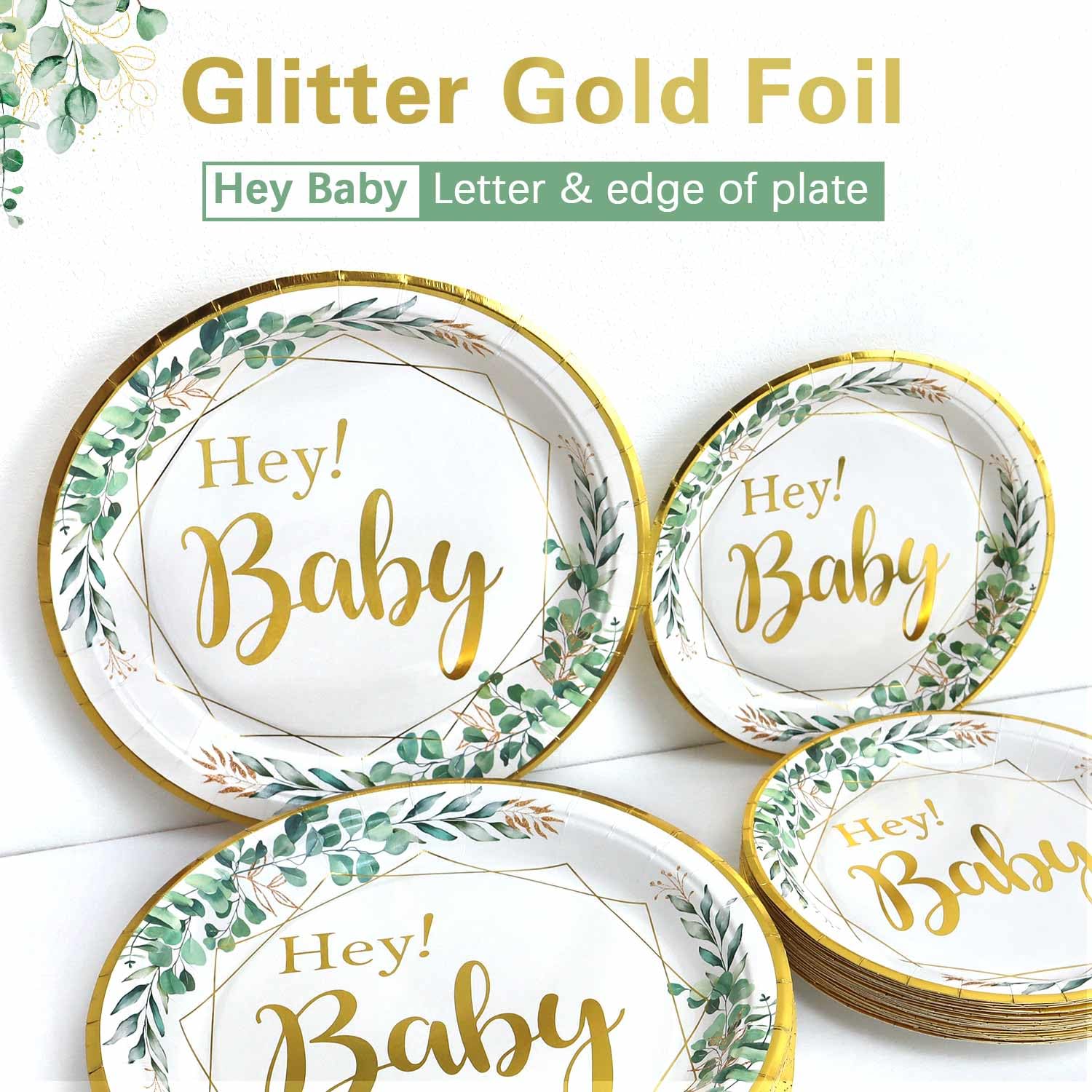 125pcs Sage Green Baby Shower Decorations for Boy or Girl - Neutral Tableware Set for 25 Guests | Eucalyptus Gold Foil Plates Cups and Napkins Straws Cutlery for Welcome Baby Fille Party Supplies