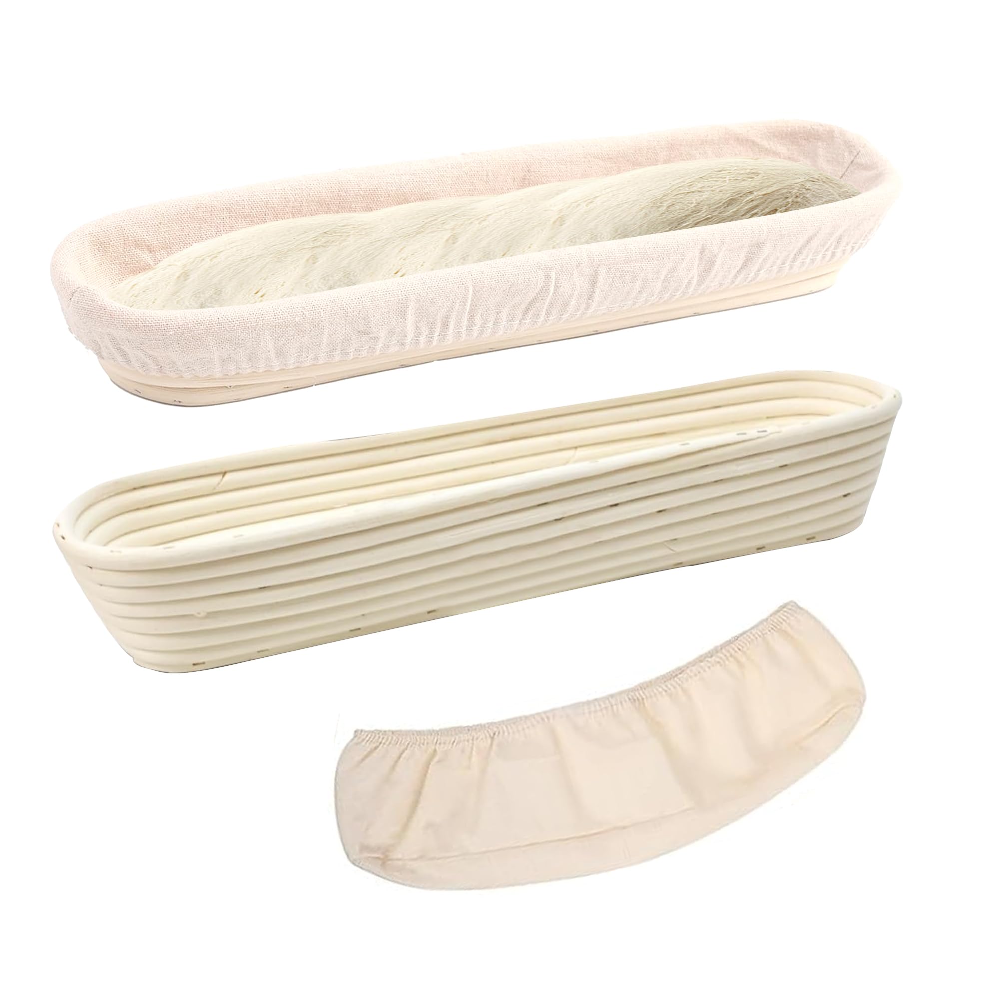 Banneton Bread Proofing Basket - 15 Inch Baguette Sourdough Bread Basket with Liner - Set of 2- Natural Rattan