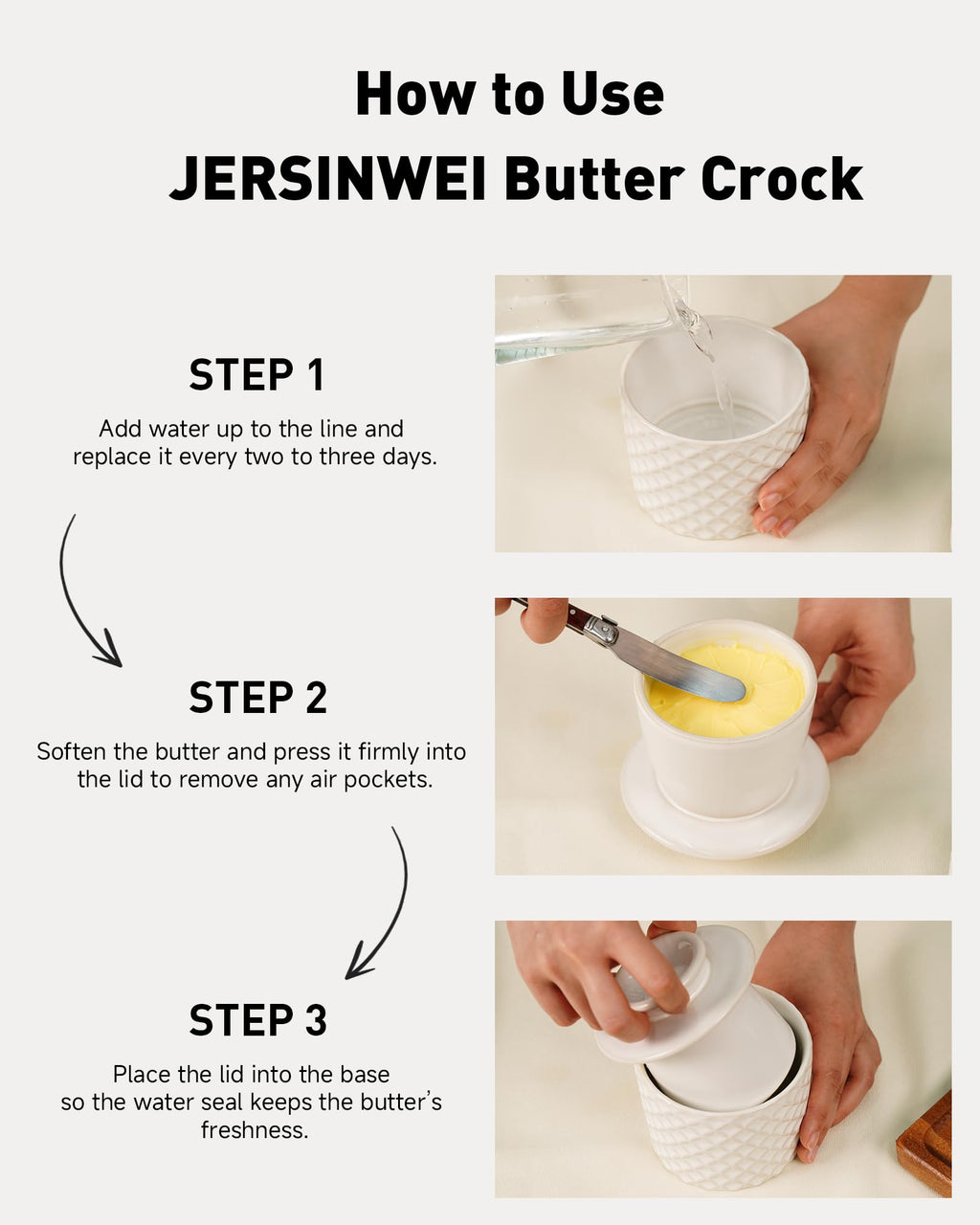 French Butter Crock, Ceramic Butter Dish with Lid, Water-Sealed Butter Keeper Keeps Butter Soft & Spreadable, Kiln Weave White, Housewarming Gift, 8 oz (250g)
