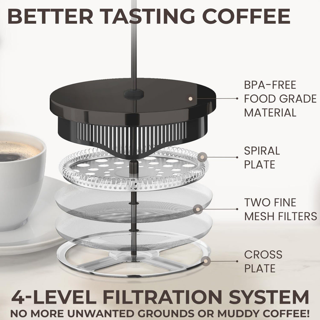 French Press Coffee Maker 34oz – Stainless Steel & Glass Coffee Press with 4-Level Filtration, BPA-Free Cafetiere for Camping or Home – Large, Durable for Hot & Cold Brew