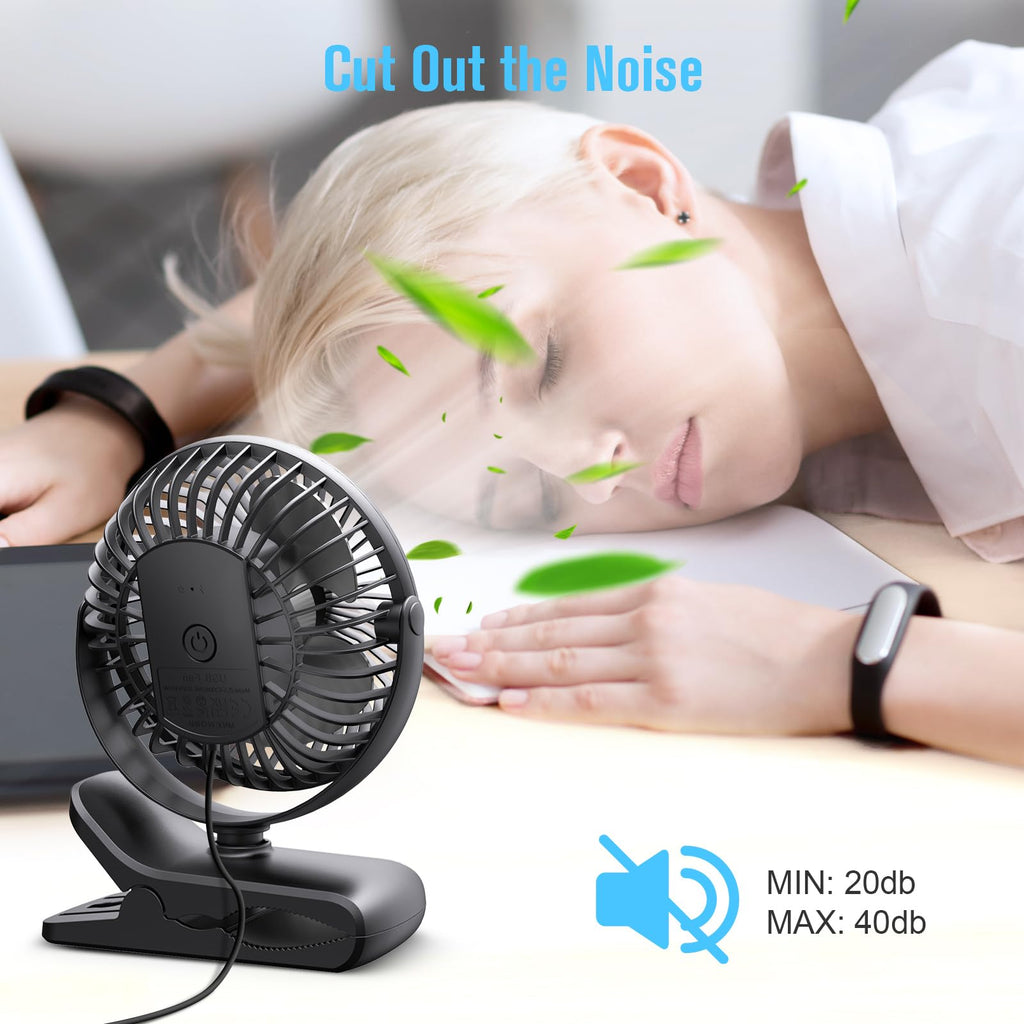 HONYIN Clip on Fan, 720° Rotation Small Desk & Clip Fan, Personal Cooling Fan with Sturdy Clamp, 3 Speeds, Quiet Little Fan by USB Plug In, for Bedroom Office Desktop Treadmill