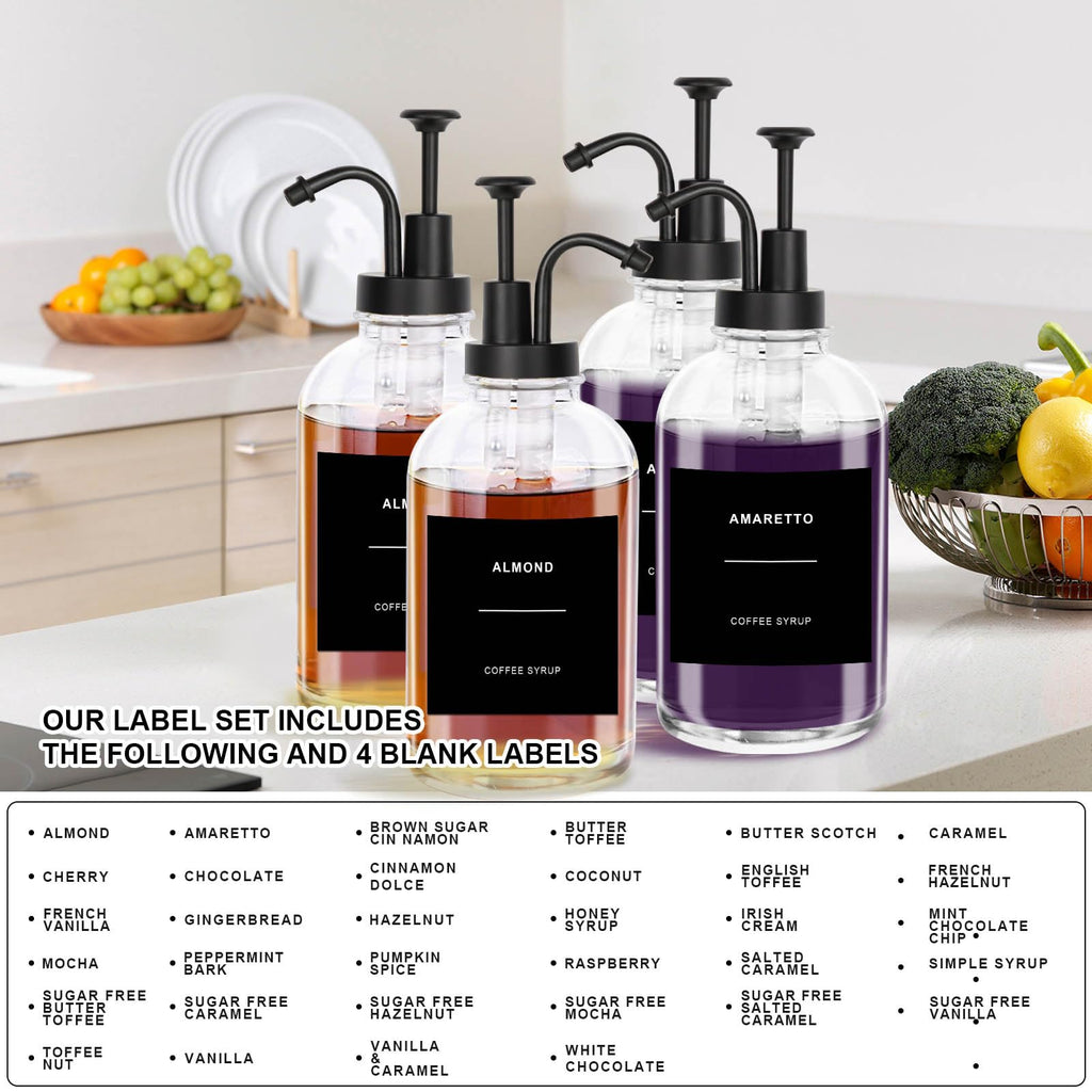 Sunal Set of 4 Coffee Syrup Dispenser, 500ml/16.9 oz Glass Pump Bottle With 36 Waterproof Labels and Funnel for Kitchen Coffee Bar Accessories