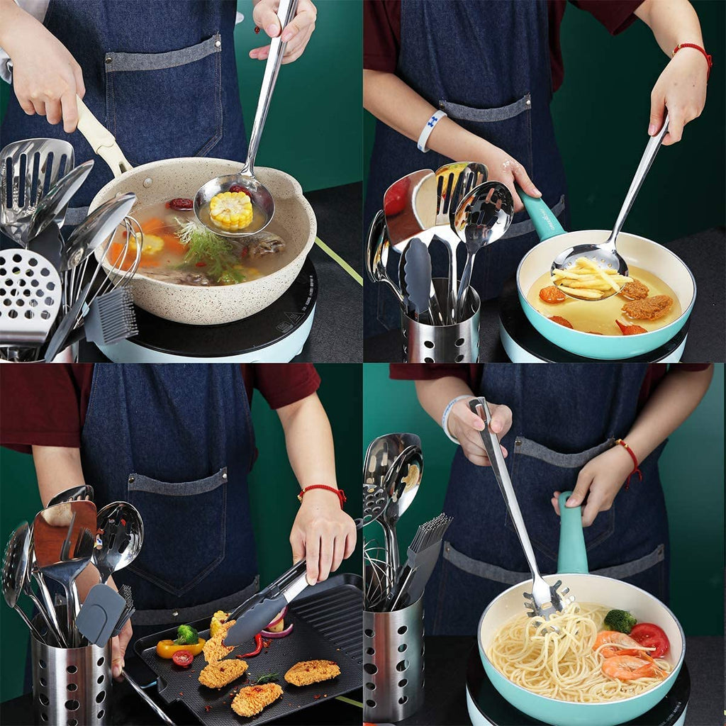 Stainless Steel Cooking Utensils Set, Berglander 13 Pieces Kitchen Utenisls Set, Kitchen Tools Set with Utensil Holder Non-Stick and Heat Resistant,Dishwasher Safe, Easy to Clean (13 Packs)