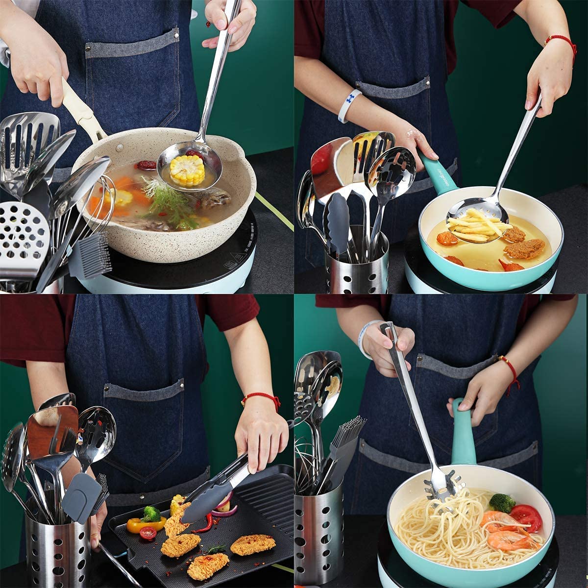 Stainless Steel Cooking Utensils Set, Berglander 13 Pieces Kitchen Utenisls Set, Kitchen Tools Set with Utensil Holder Non-Stick and Heat Resistant,Dishwasher Safe, Easy to Clean (13 Packs)