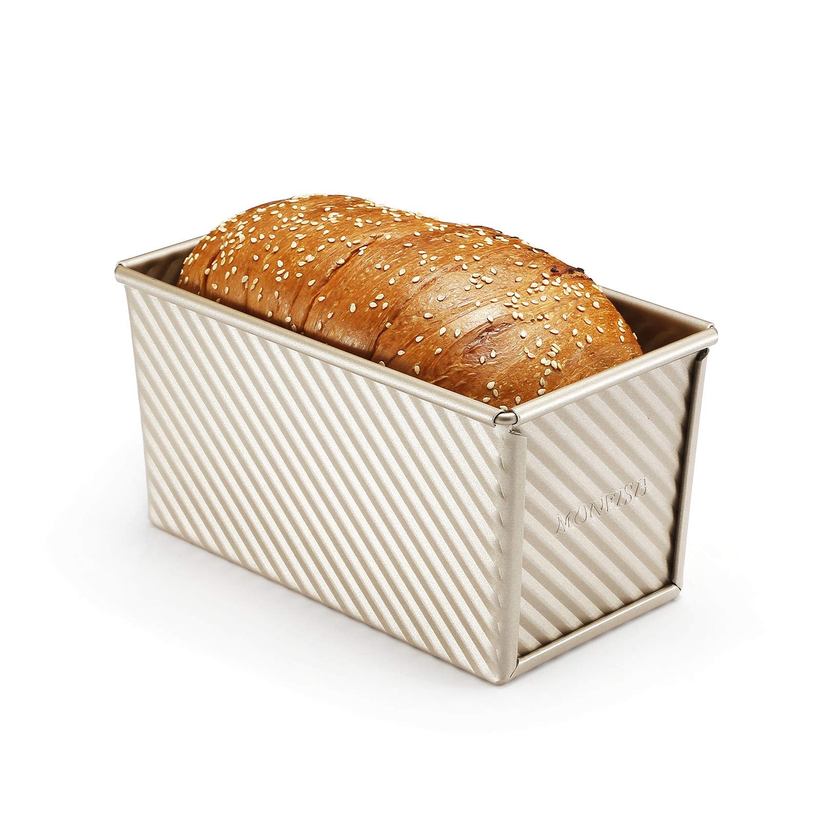 Monfish Pullman loaf Pan – loaf pan w lid - Wavy Non-Stick Toast Mold - Loaf Bread Baking Pan champagne gold (8.5x4.75x4.5)