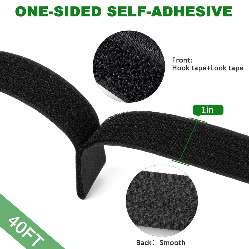 Moyisea 1''x40ft Hook and Loop Straps with 60 Buckles, Adjustable Cable Straps, Free Cut Length, Reusable Nylon Securing Cord Ties for Organizer or Storage, 1in Wide, Black