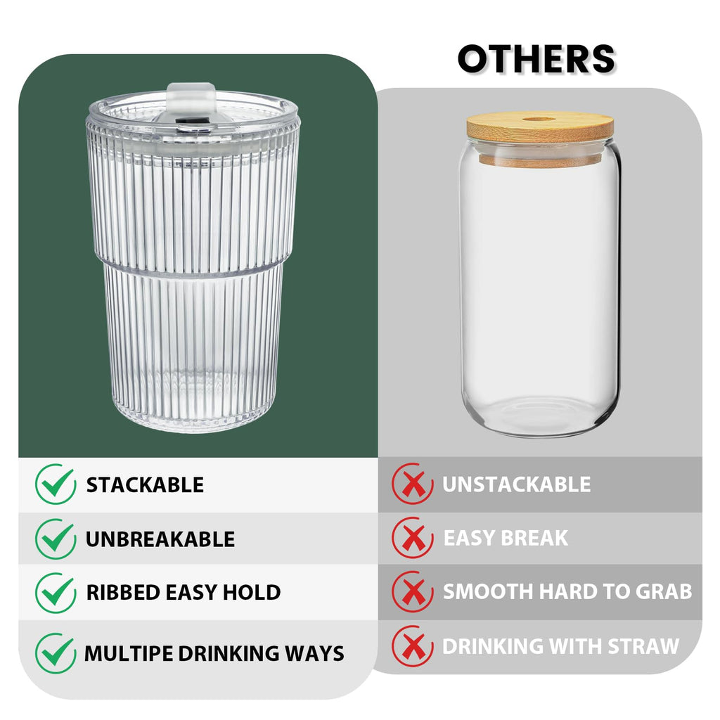 HIGIINC Iced Coffee Cups with Lids and Straws 4 Pcs, 16 OZ Unbreakable Glasses Drinking Set,Clear Plastic Cups Reusable Iced Coffee Tumbler with Lid and Straw, on The Go Coffee Cups Dishwasher Safe