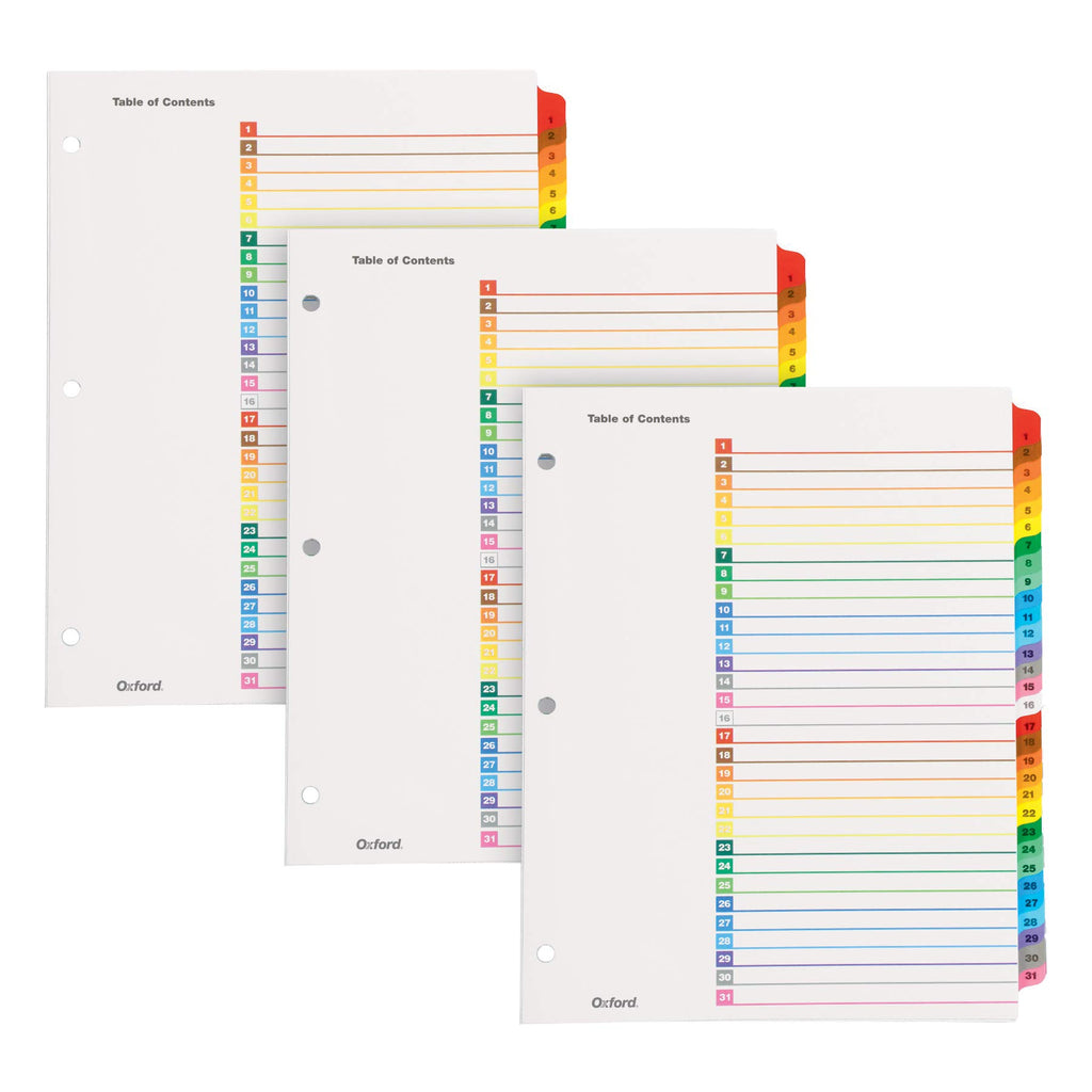 Oxford 1-31 Tab Dividers for 3 Ring Binders, Numbered Tab Dividers, Multicolor Numbered Binder Dividers, 3 Sets (89402)