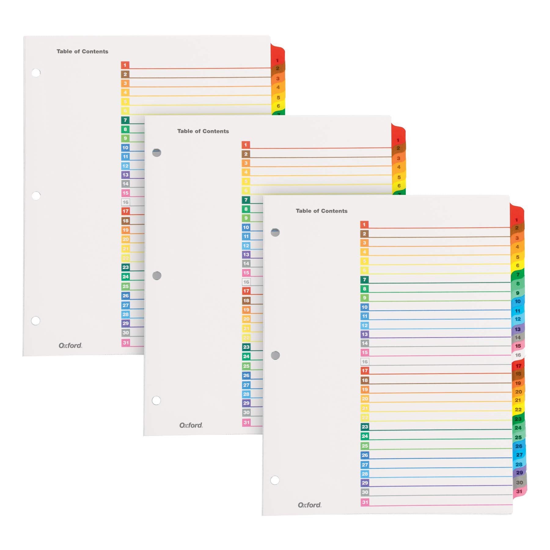 Oxford 1-31 Tab Dividers for 3 Ring Binders, Numbered Tab Dividers, Multicolor Numbered Binder Dividers, 3 Sets (89402)