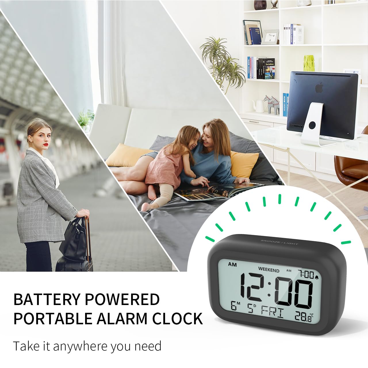 DOOMAY Digital Alarm Clock Bedside - Battery Powered Clock with LCD Display Volume Adjustable Snooze and Weekend Mode for Bedroom Office Desk Travel (Black)