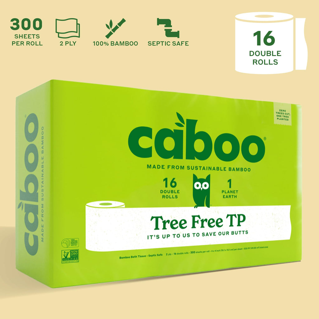 Caboo Tree-Free Toilet Paper, Septic Safe Bath Tissue, Eco Friendly Soft 2 Ply Sheets, 300 Sheets Per Roll, 16 Double Rolls