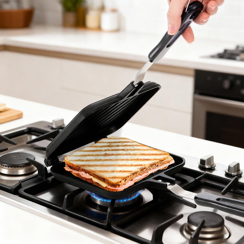 Elsjoy Grilled Cheese Sandwiches Maker, Non-Stick Toasted Sandwich Press with Handle, Stovetop Aluminum Flip Panini Maker Pan for Breakfast, Camping, Home, Kitchen