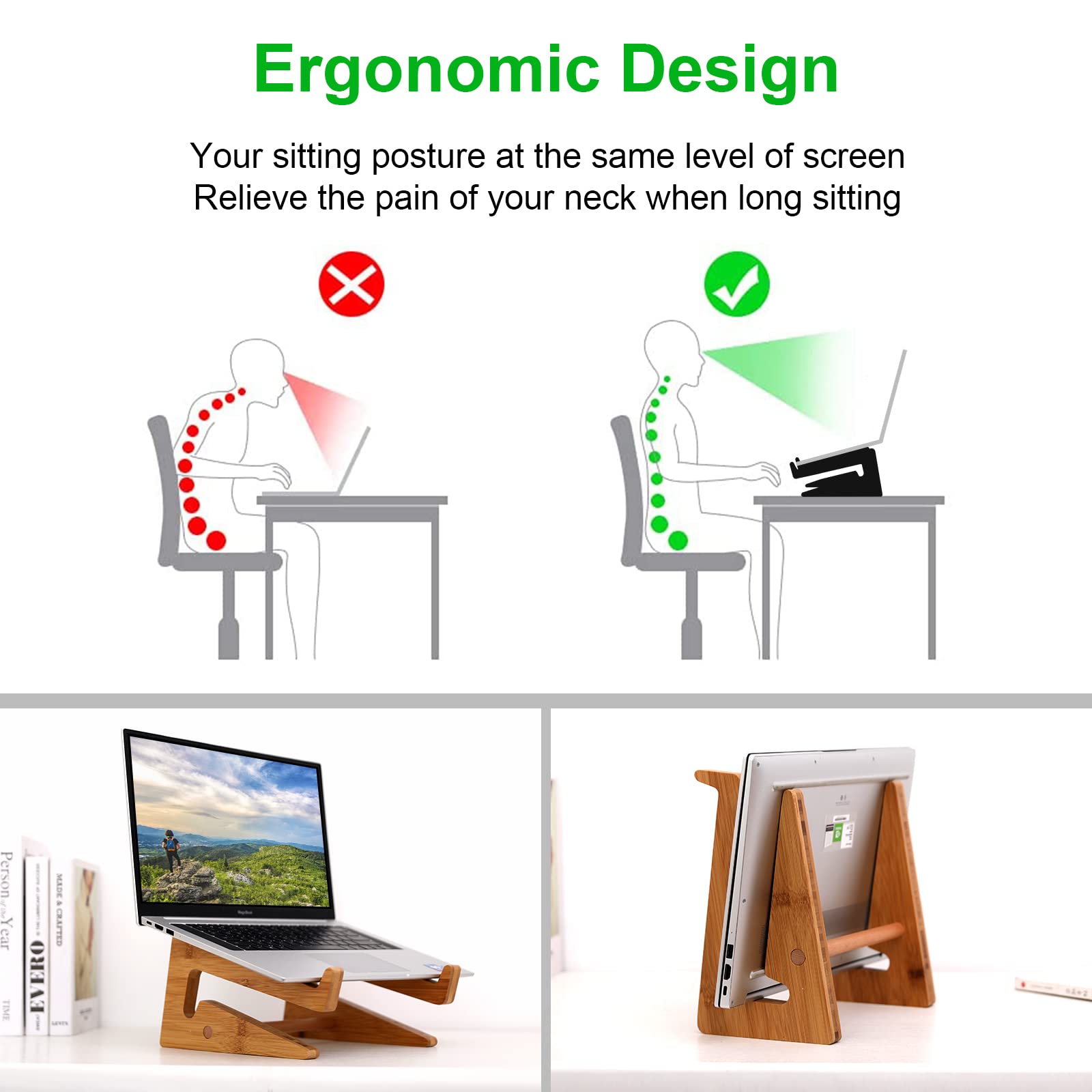 Nuvograin Wooden Vertical Laptop Stand for Desk, Bamboo Laptop Holder Compatible with MacBook Air Pro/Dell XPS/Surface Pro/HP/Pixelbook/Lenovo, More 13-15.6 Inch Laptops
