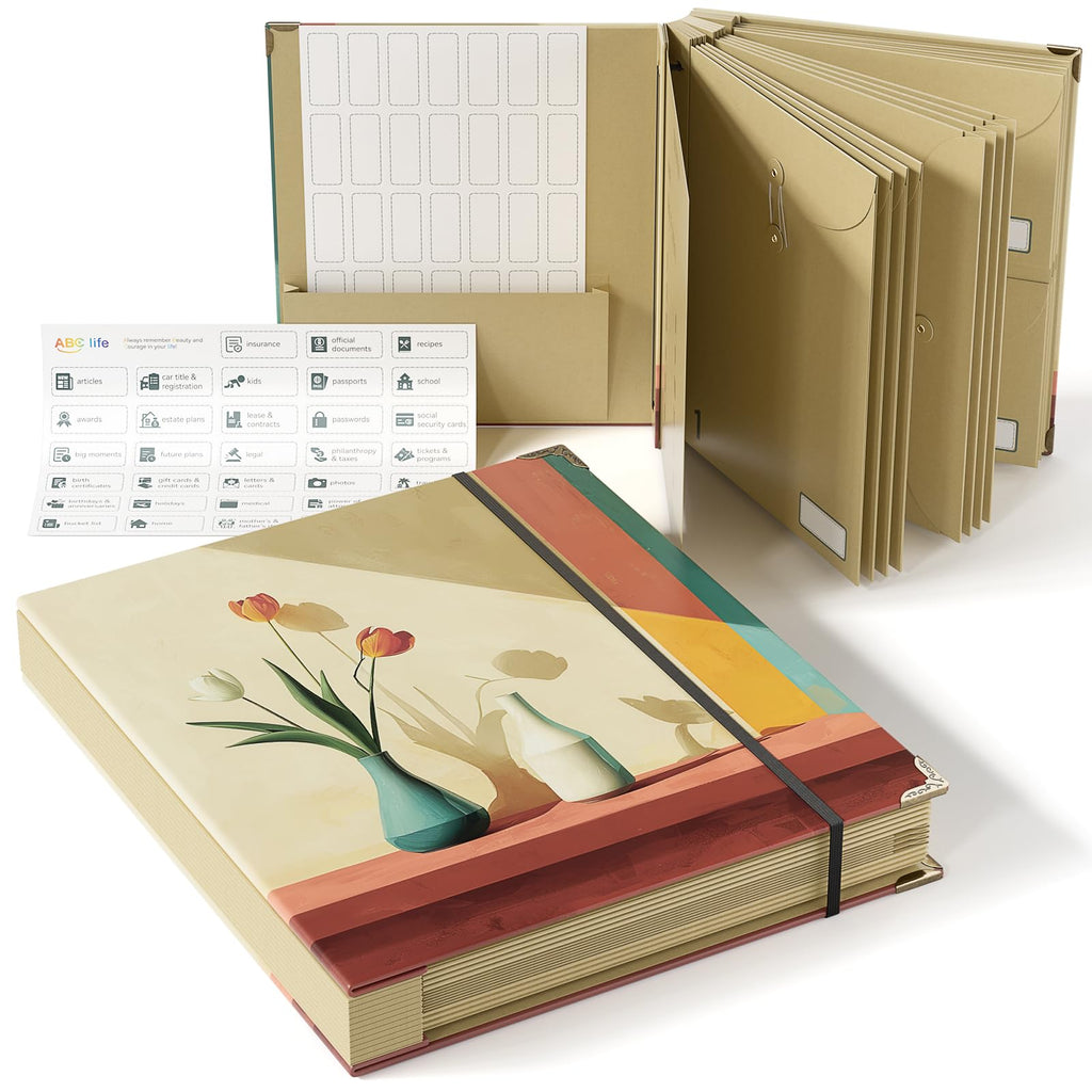 ABC life Important Document Organizer, Customized Expanding File Folder with for Important Papers, Letters, Birth Certificates, Emergency Binder, Photos, Passports, Oil-Painted Vase