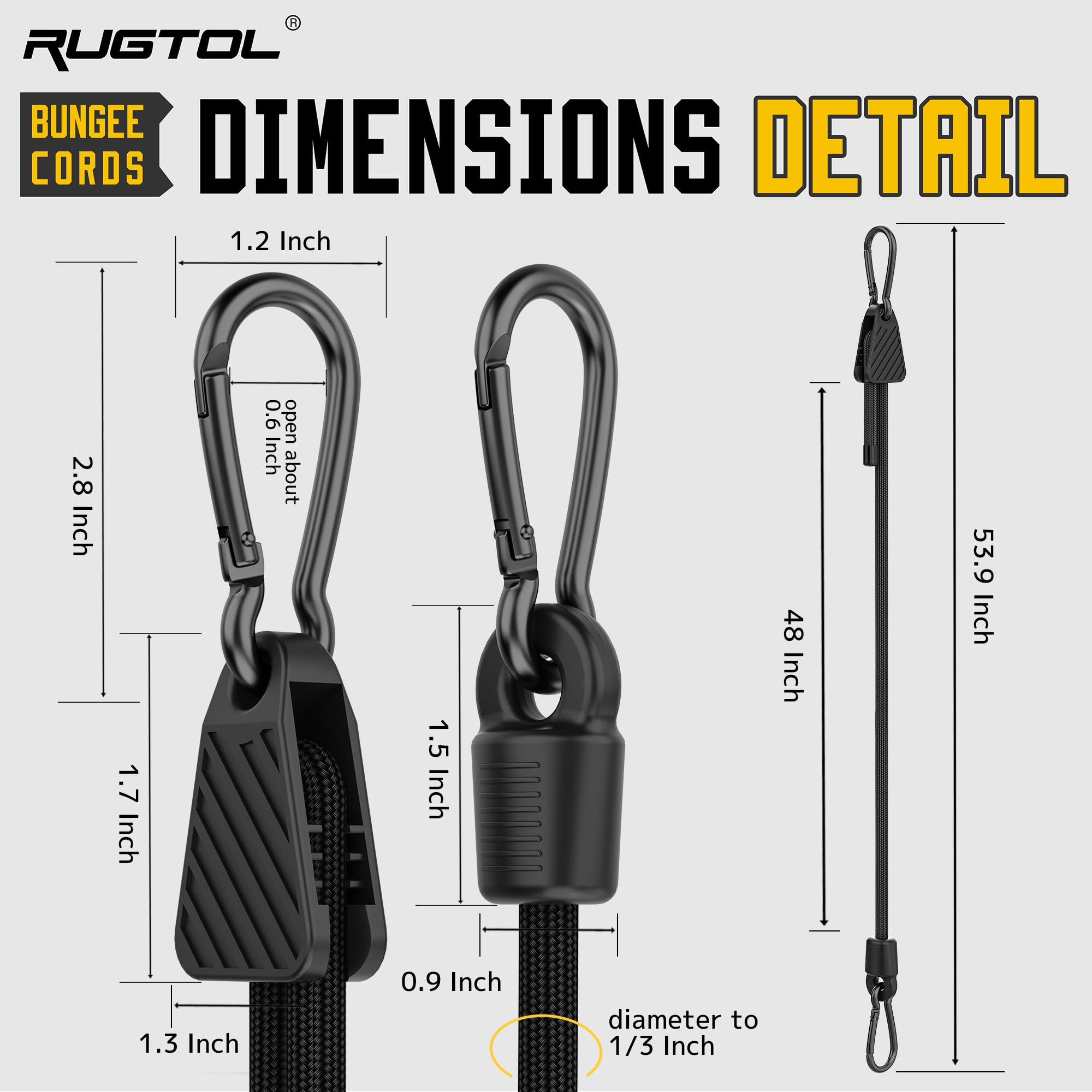 Rugtol Adjustable Bungee Cords with Hooks, 6 Pack Heavy Duty Outdoor Carabiner Bungee Cord, Black Super Elastic Bungee Straps Easily Adjust from 7" to 48", Great for Cargo, Camping, Bike Racks, Tents