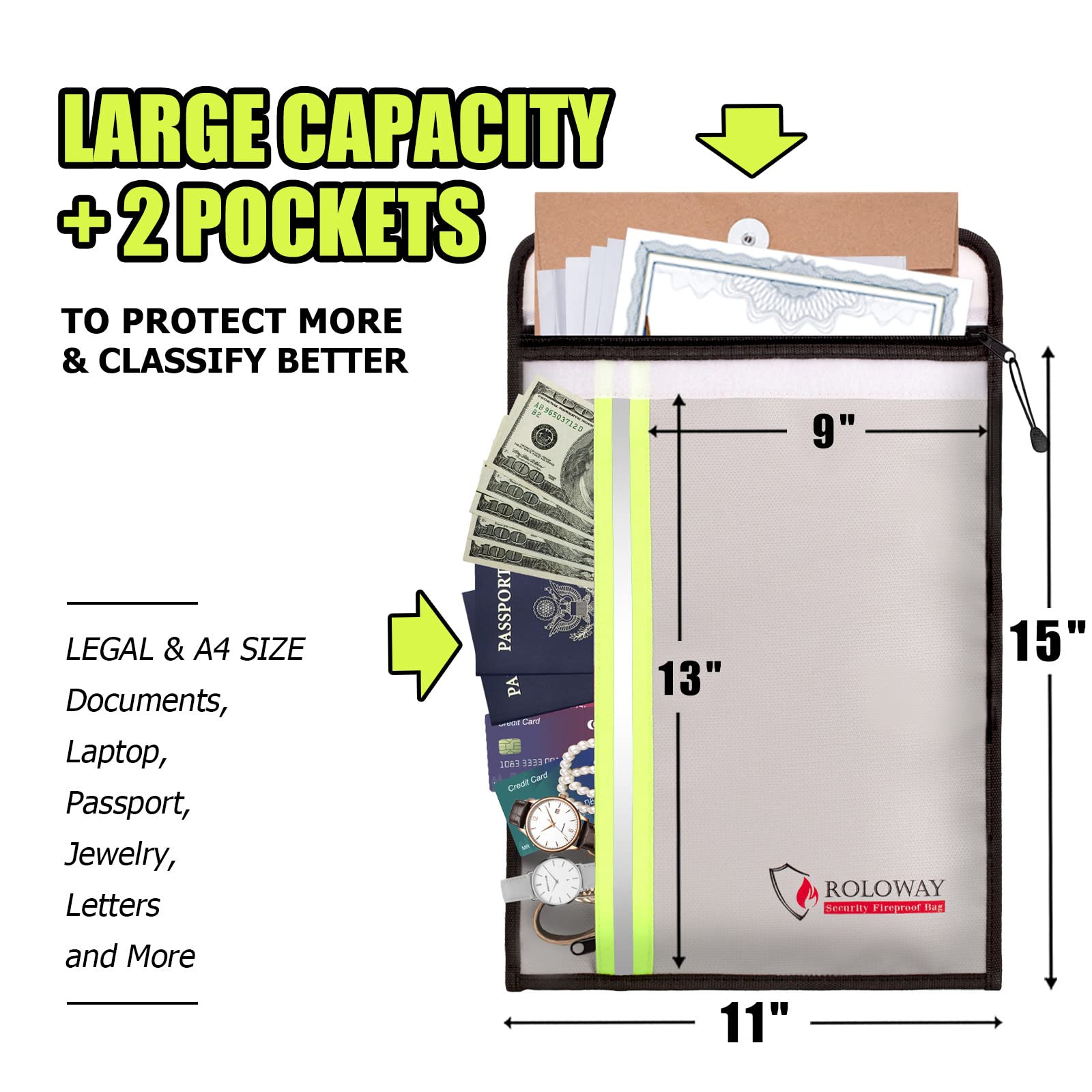 ROLOWAY Fireproof Document Bag (15 x 11 inch) with 2 Pockets, Fire Safe Envelope Bag for Cash, Legal Documents (Silver)