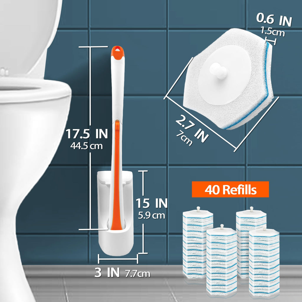 Dolanx Disposable Toilet Brush with 40 Refills, Wall Mounted Long Handle Compact Bathroom Bowl Cleaner Wand Holder Set for Sink Bathtub Wash Basin Mop Pool (Orange)