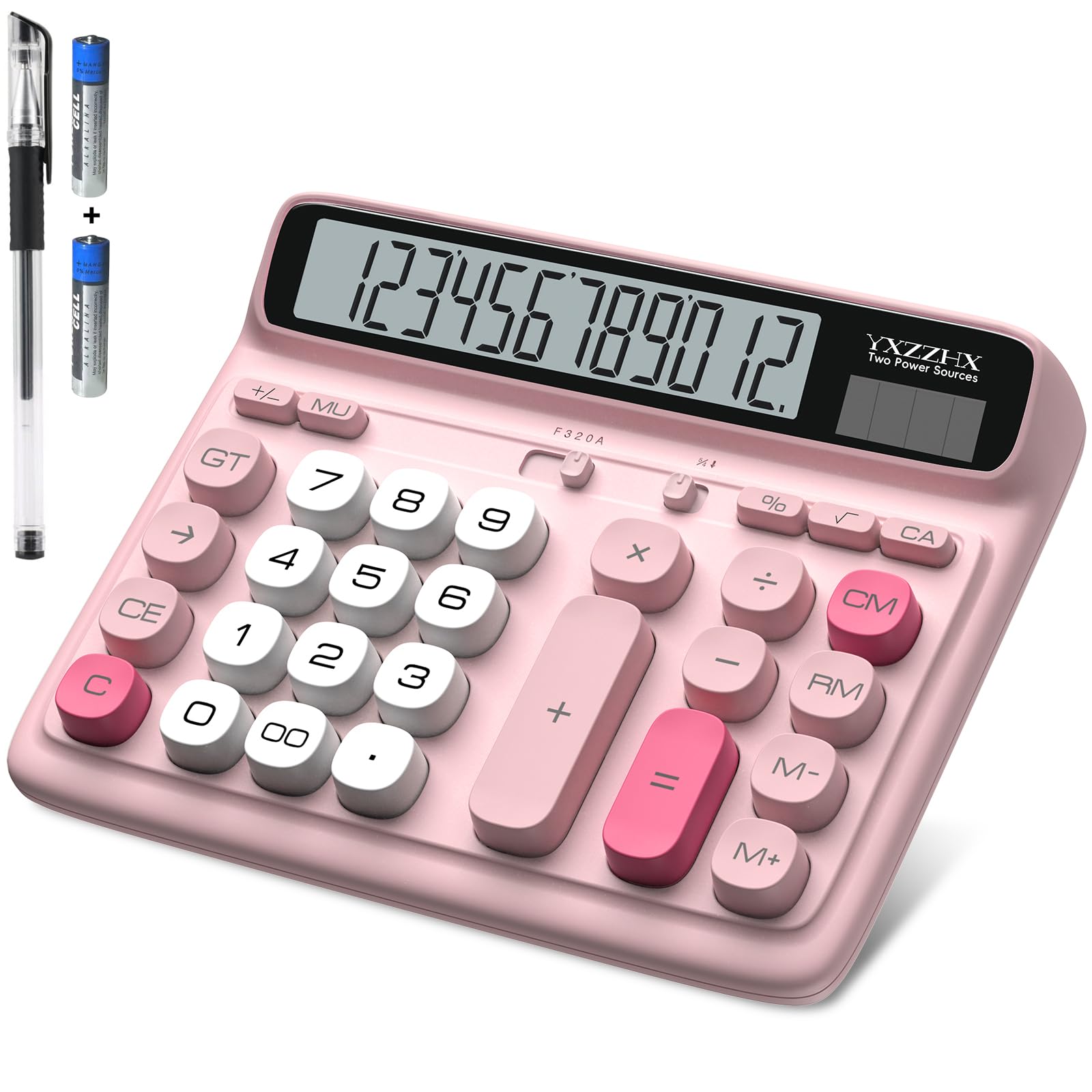 Desktop Calculator with Extra Large 5-Inch LCD Display, 12-Digit Two Way Power Solar & Battery Office Calculator with Big Buttons for Business, Accounting & Home Use(Pink)