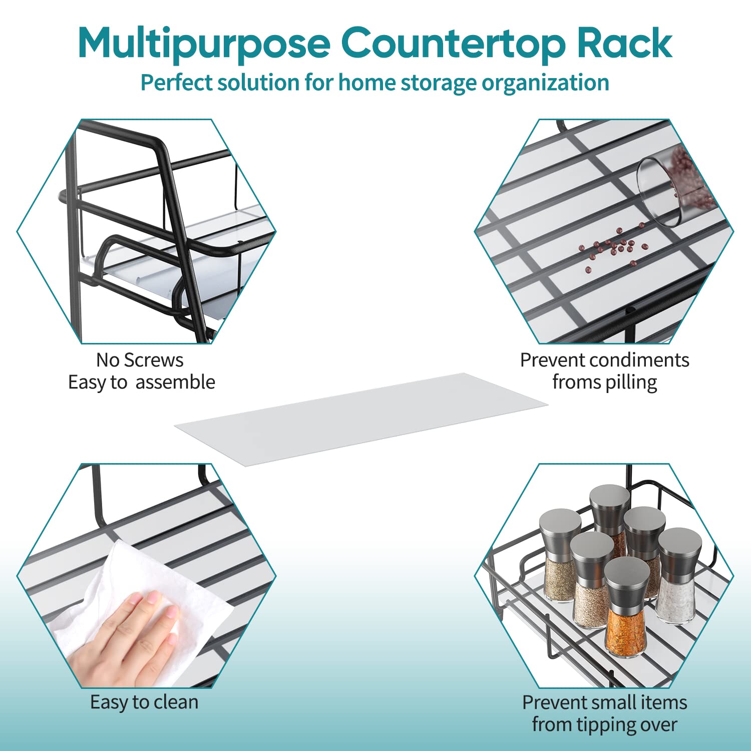 Spice Rack Organizer for Countertop Kitchen,2 Tier Bathroom Organizer Shelves Storage for Counter(Black)