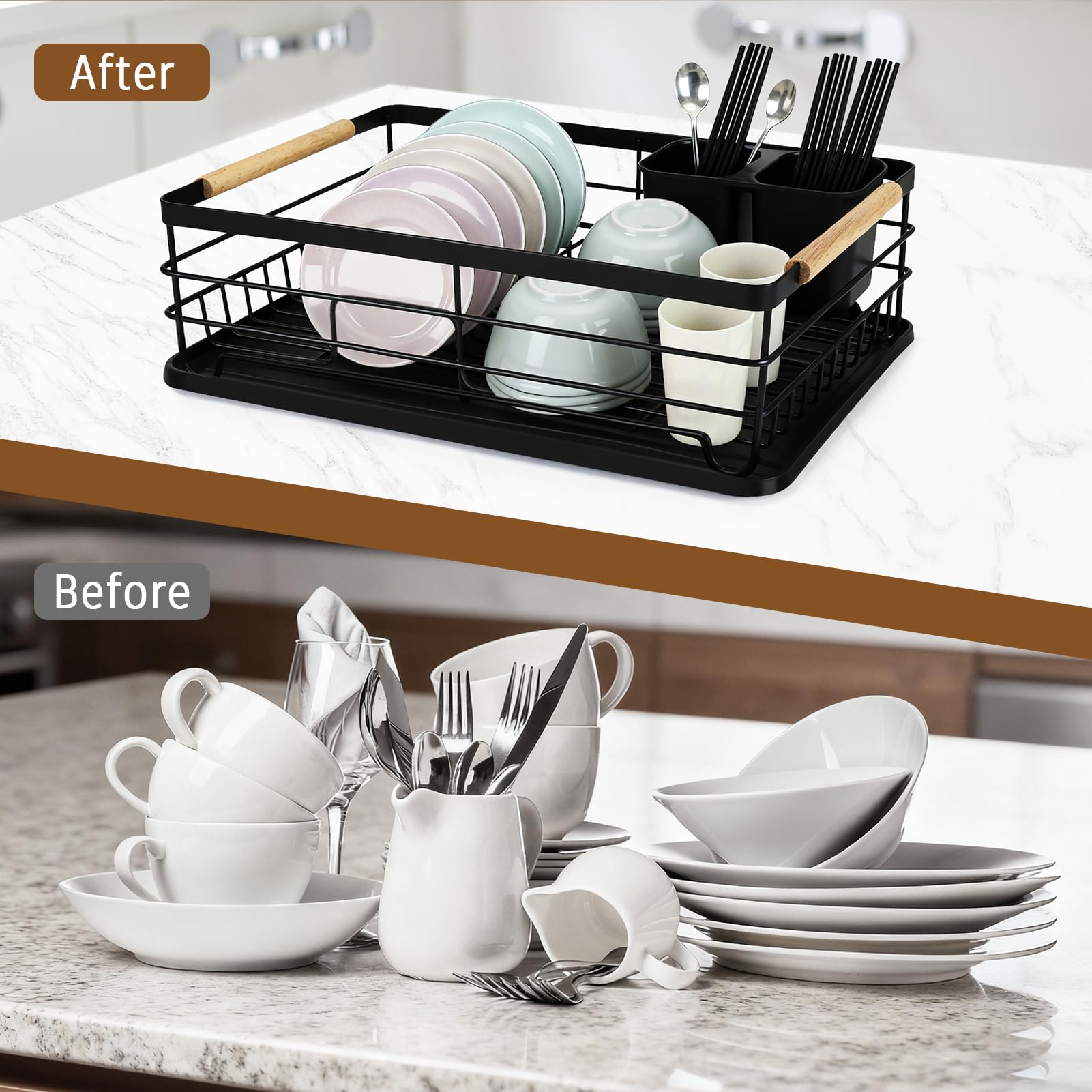 Fvellix Dish Racks for Kitchen Counter, Thickened Metal Dish Drying Rack with Wooden Handles, Kitchen Countertop Organizer for Dishes, Spoons and Forks, No Assembly, Black, 16.7''*12.6''*5.12''