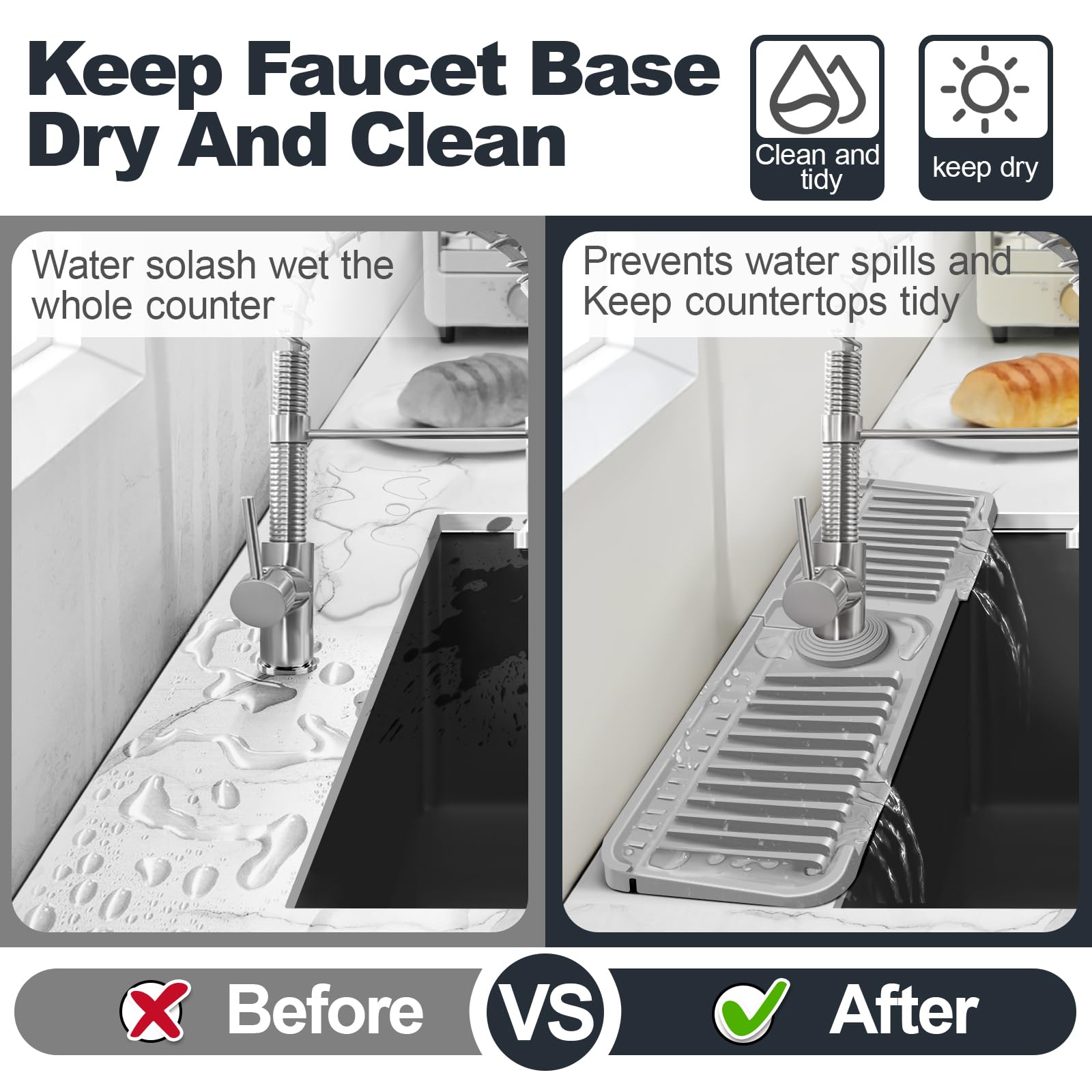 Accock 24 inch Kitchen Sink Splash Guard, Silicone Draining Mat for Sink, Longer Silicone Faucet Drainer Pad, Sink Protectors for Kitchen Sink Mat, Sponge Holder for Kitchen. (Grey, XXL(24 * 5.5))