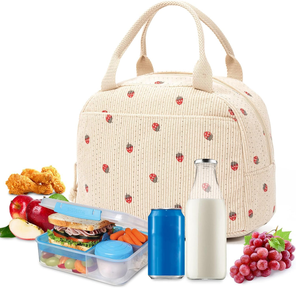 Lunch Bags for Women, Cute Stawberry Corduroy Lunch Bag, Insulated Lunch Box Boite a Lunch Femme Cooler Tote Bags, Leakproof Womens Lunch Bag for Work School Travel Picnic (Beige)