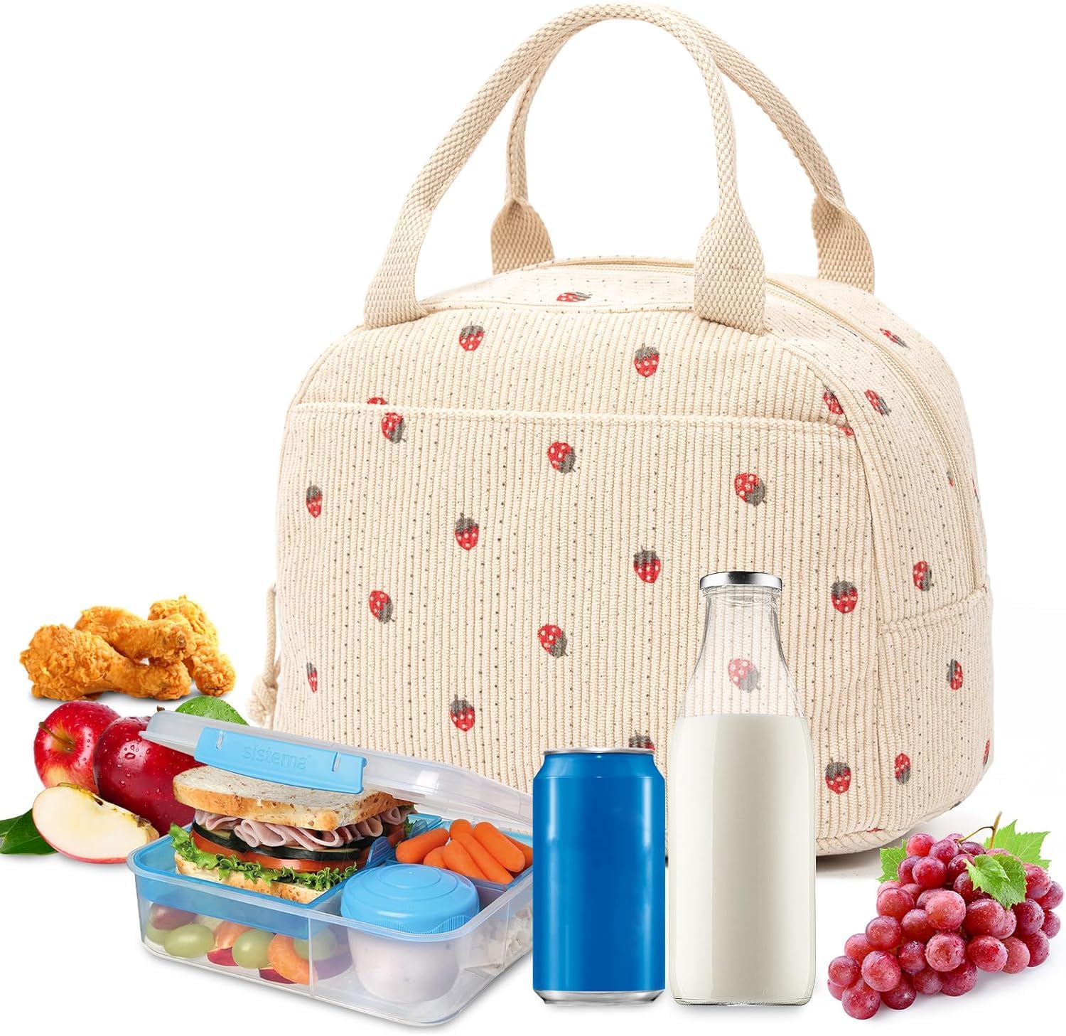 Lunch Bags for Women, Cute Stawberry Corduroy Lunch Bag, Insulated Lunch Box Boite a Lunch Femme Cooler Tote Bags, Leakproof Womens Lunch Bag for Work School Travel Picnic (Beige)