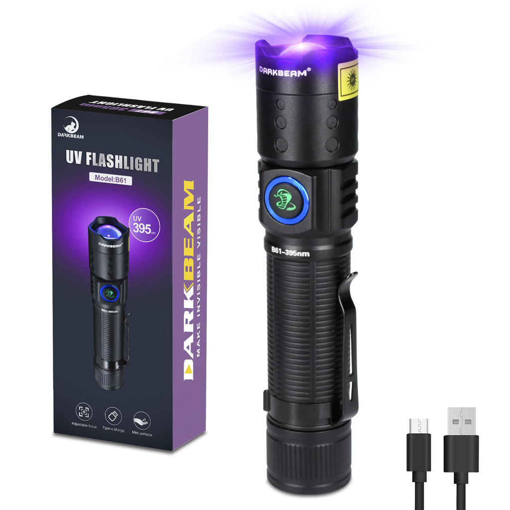 DARKBEAM 395NM UV LED Blacklight Lamp, Ultraviolet Lamps, Wood Lamp, Rechargeable USB-C Swivelling, Water Resistant for Detecting Scorpions and UV Resin Light