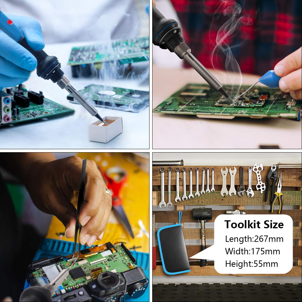 HANDSKIT Soldering Iron Kit, 60W Adjustable Temperature Welding Tool, 5pcs Soldering Iron Tip, Soldering Iron Stand, Desoldering Pump, Tweezers, Solder Wire, Carry Bag