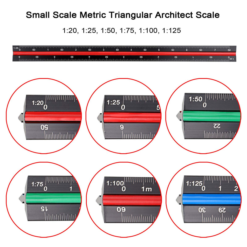 BTSKY 3 Pack 12 Inches Triangular Architectural Engineering Metric Scale Rulers with Standard Metric Conversion Ruler, Aluminum Scale Measuring Ruler Tool,Black with Red,Green,Blue