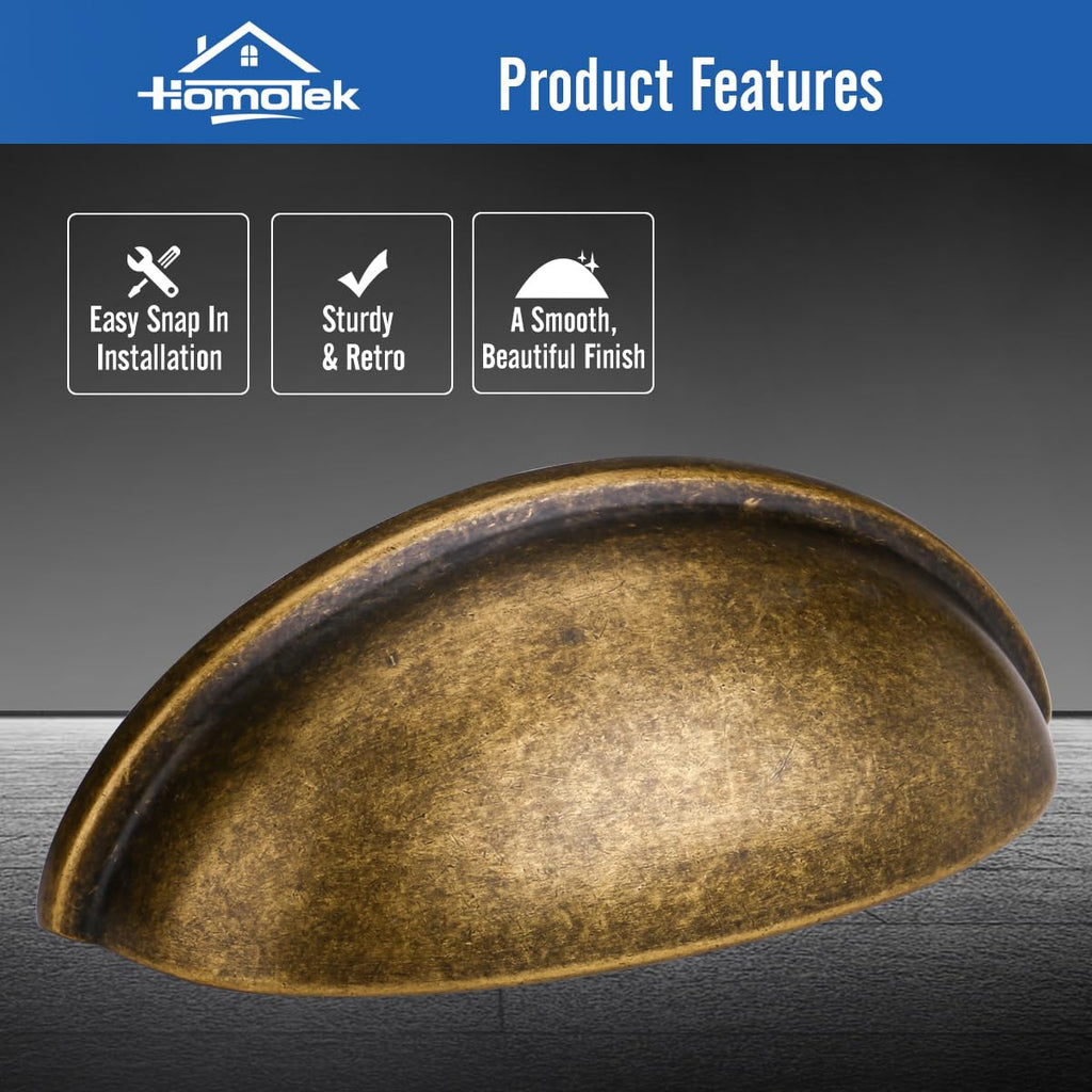 HOMOTEK 6 Pack Drawer Bin Cup Pulls Dresser Pulls for Cabinets Brass Bronze - 3 Inch Hole Centers Furniture Handles,Kitchen Cabinet Hardware