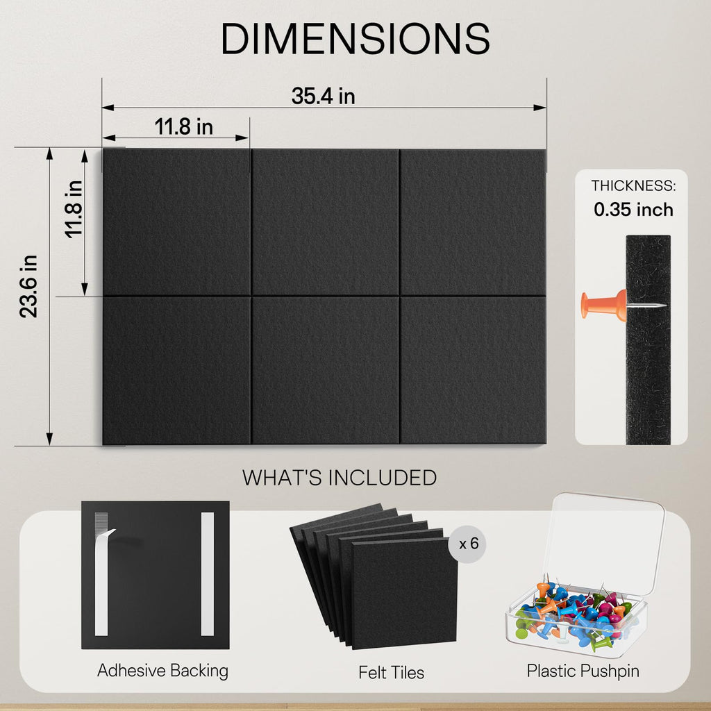 MaxGear Large Cork Board for Wall 36" x 24", Black Bulletin Board, 6 Pack Felt Wall Tiles with Pushpins, Cork Boards for Office Push Pin Board Tack Felt Board