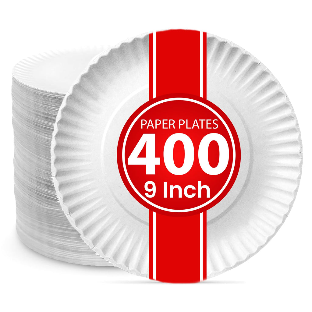 Bulk Paper Plates - [400-Pack] - (9-Inch Round) - Lightweight Uncoated 9 Inch Disposable Paper Plates - for Crafts, Events, Projects, Dry Foods & General Use