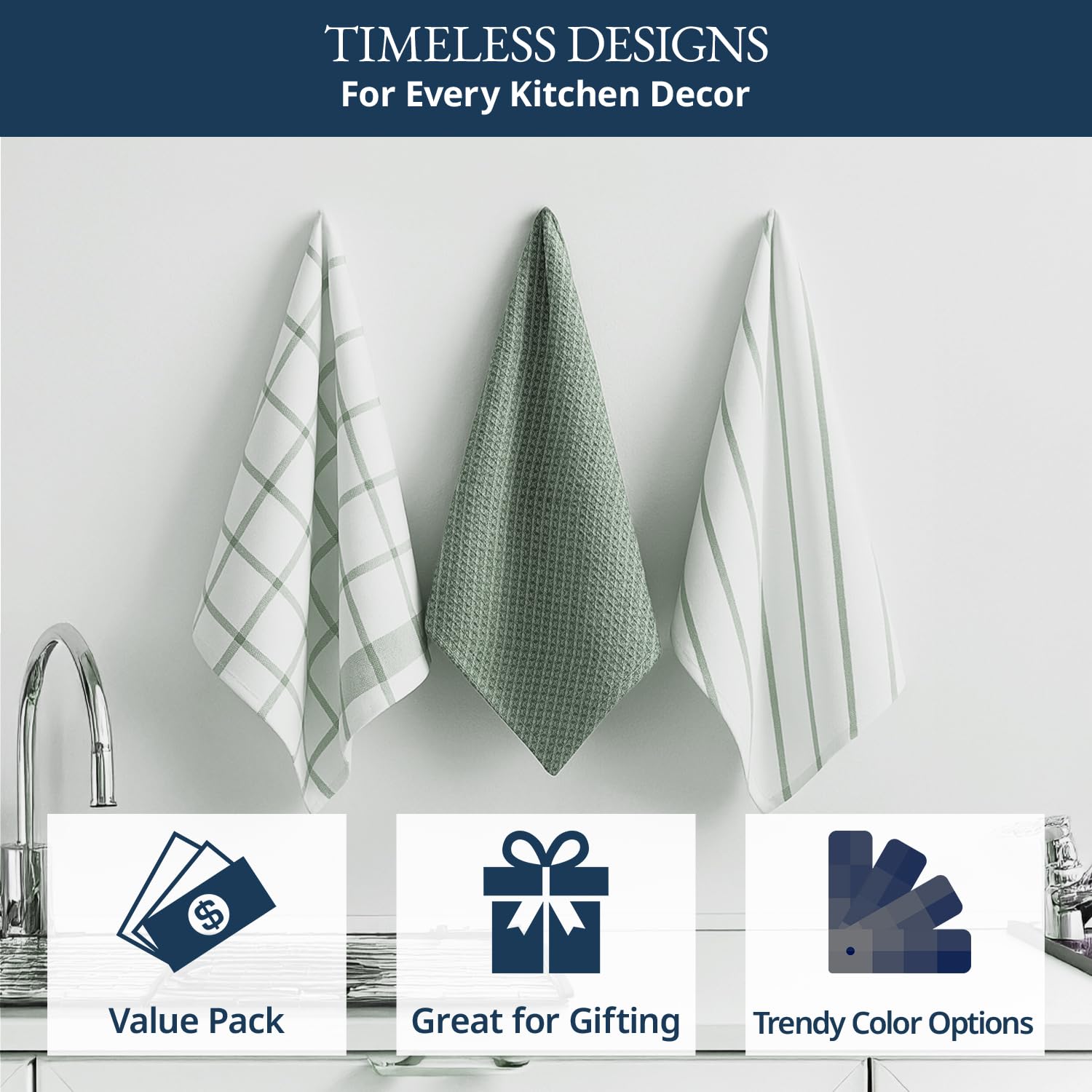 Kitchen Towels Set - Pack of 6 Cotton Dish Towels for Drying Dishes, 18”x 28”, Kitchen Hand Towels, Absorbent Tea Towels, Premium Dish Towels for Kitchen, Quick Drying Kitchen Towel Set - Olive