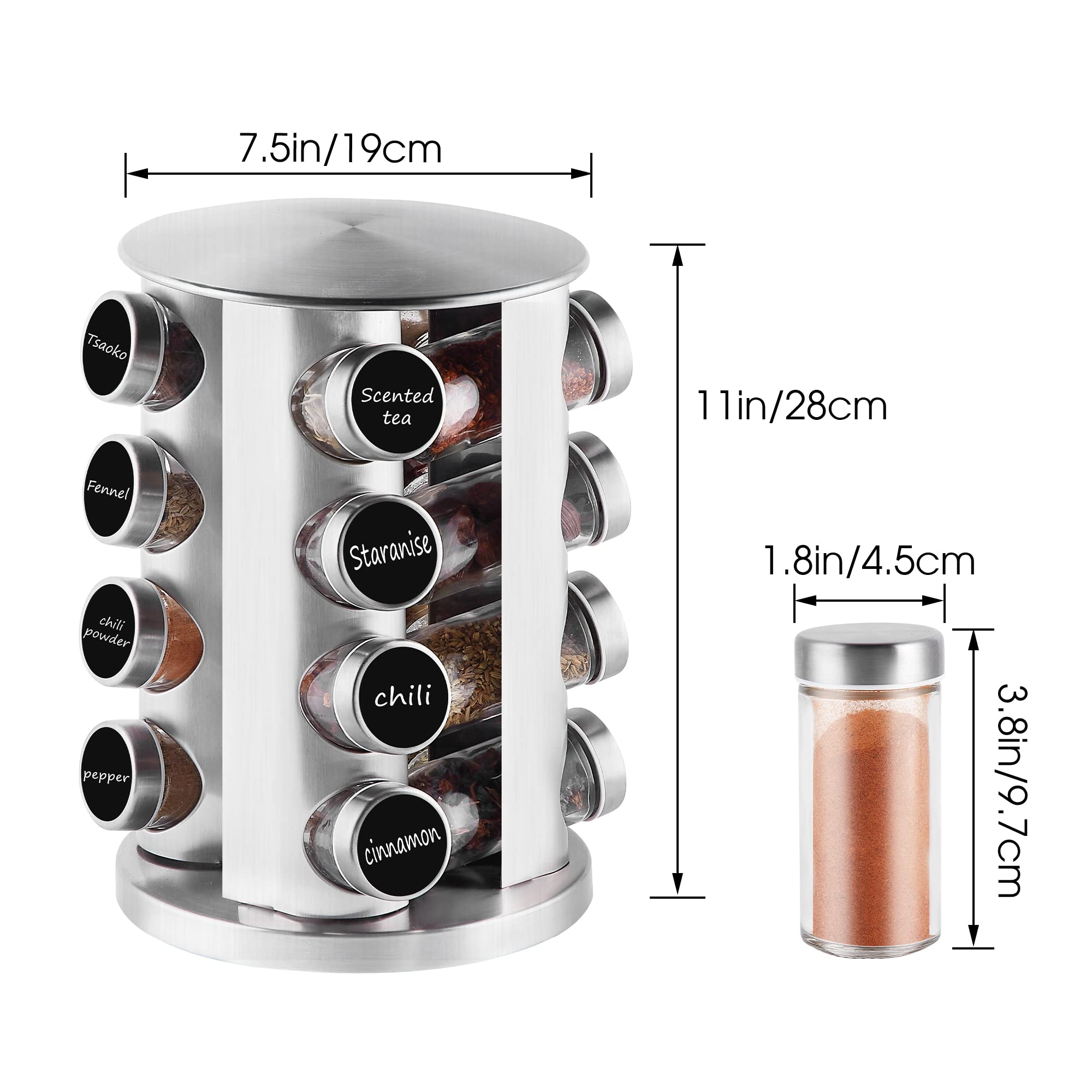 Countertop Revolving Spice Rack, 16-Jars Stainless Steel Spice Rack Organizer, Round Carousel Spice Rack Tower, Seasoning Storage Organization for Kitchen Home Dried Herbs